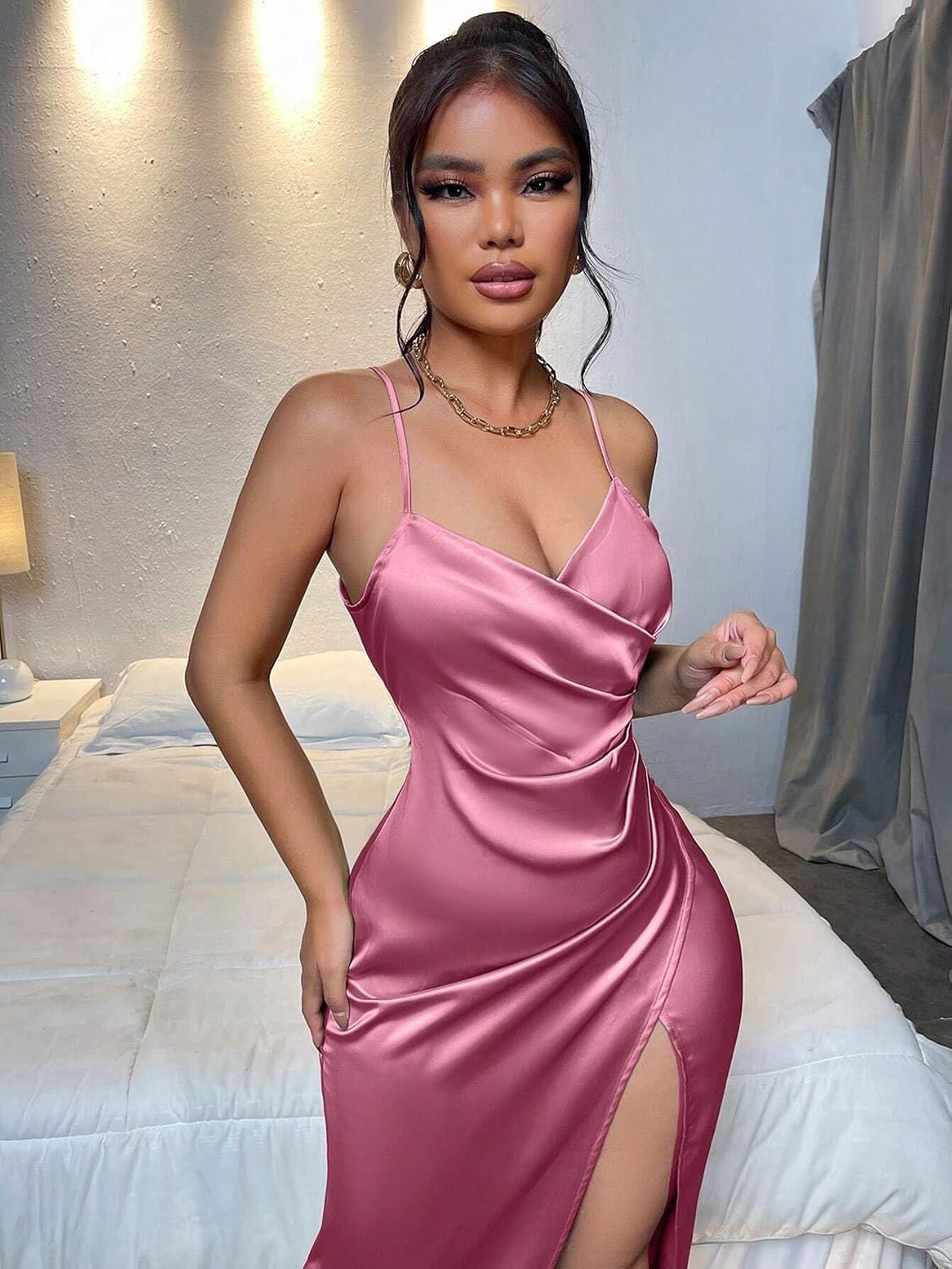 Summer High Waist Backless Split Thigh Spaghetti Strap Cami Dress for Women