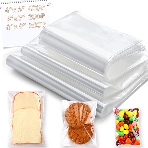 800 piezas de bolsas transparentes resellables de celocelofán de 3 tamaños con 4×6, 5×7, 6×9 pulgadas, ideales para panadería, aperitivos, velas,