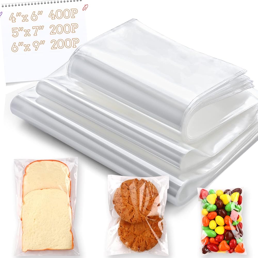 800 PCS Clear Re-sealable Cello/Cellophane Bags 3 Sizes with 46, 57, 69 Inch Good for Bakery, Snacks, Candle, Soap, Cookie, Jewelry, Cards