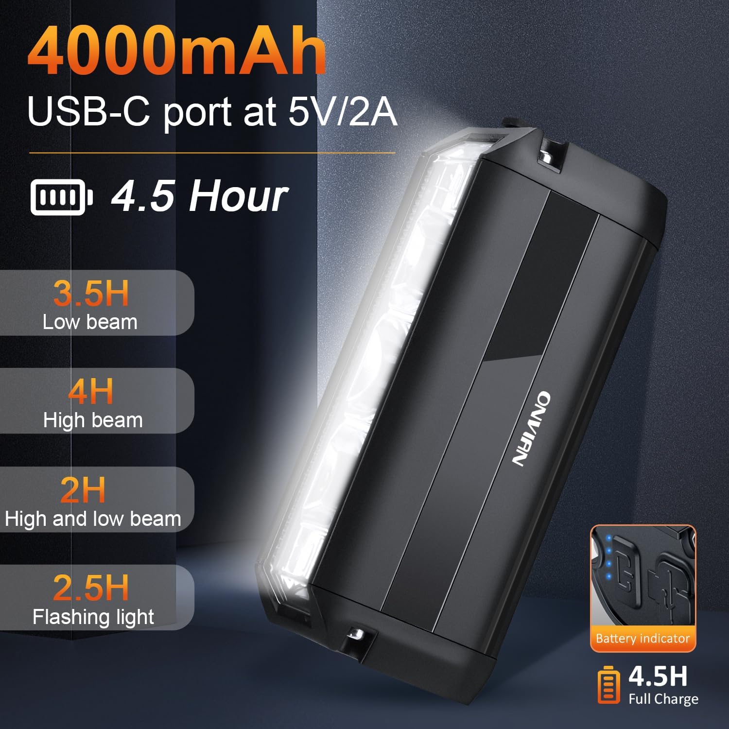 ONVIAN bike headlight showing 4000mAh battery, USB-C charging, 4.5 hour full charge time, and run times for different light modes.