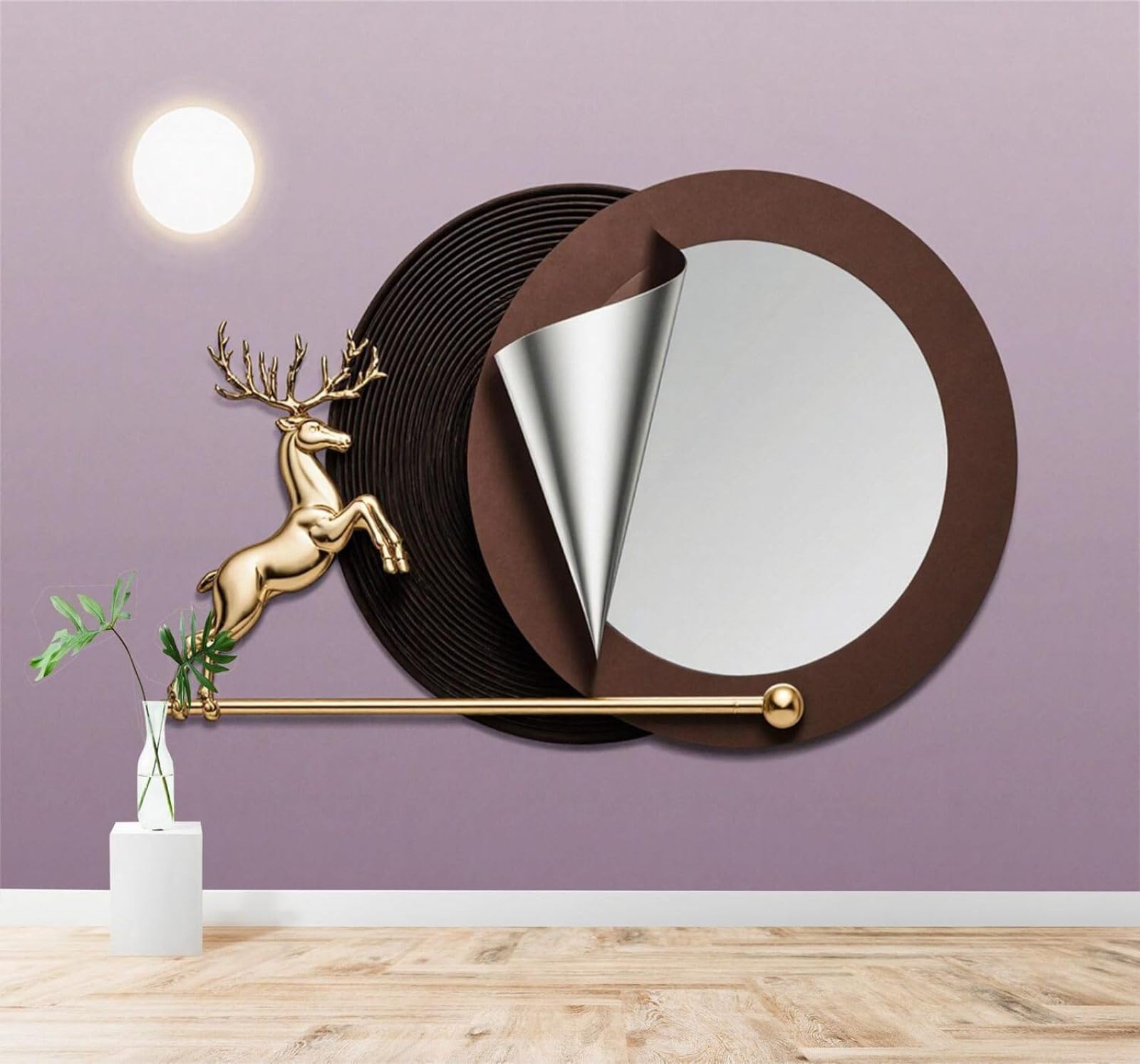 XLMING Golden Deer Moon Abstract Geometric Circles Art 3D Wallpaper Premium Textured Silk Study Dining Living Room Bedroom Sofa TV Wall Easy Install-350cm×256cm