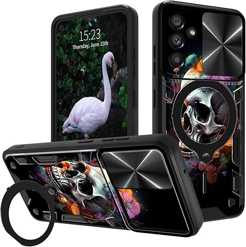 Vista 29 de Funda para Samsung Galaxy A13 5G con cubierta deslizante para lente de cámara y anillo giratorio de 360 grados, soporte híbrido de doble capa Flores