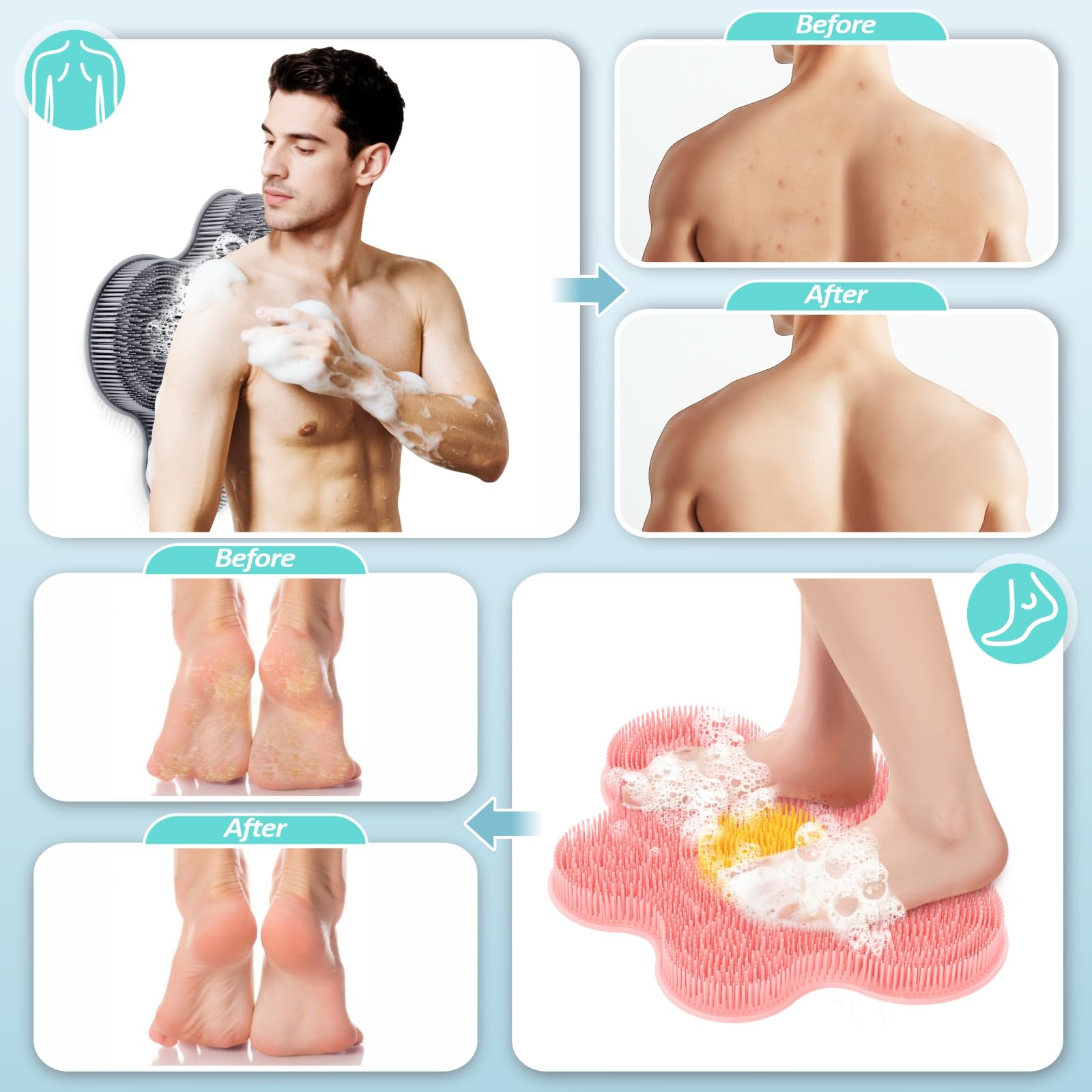 Juego de alfombrilla de silicona para pies de ducha y limpiador corporal de silicona, limpiador de espalda grande montado en la pared para limpiar, exfoliar y masajear sin doblarse (gris +