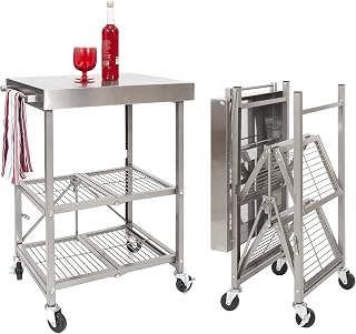 Origami Stainless Steel Cart on Wheels, 3-Tier Foldable Rolling Cart Made of Commercial-Grade Metal - Stainless Steel Design for Chefs Outdoor Food Prep Folding Kitchen Cart