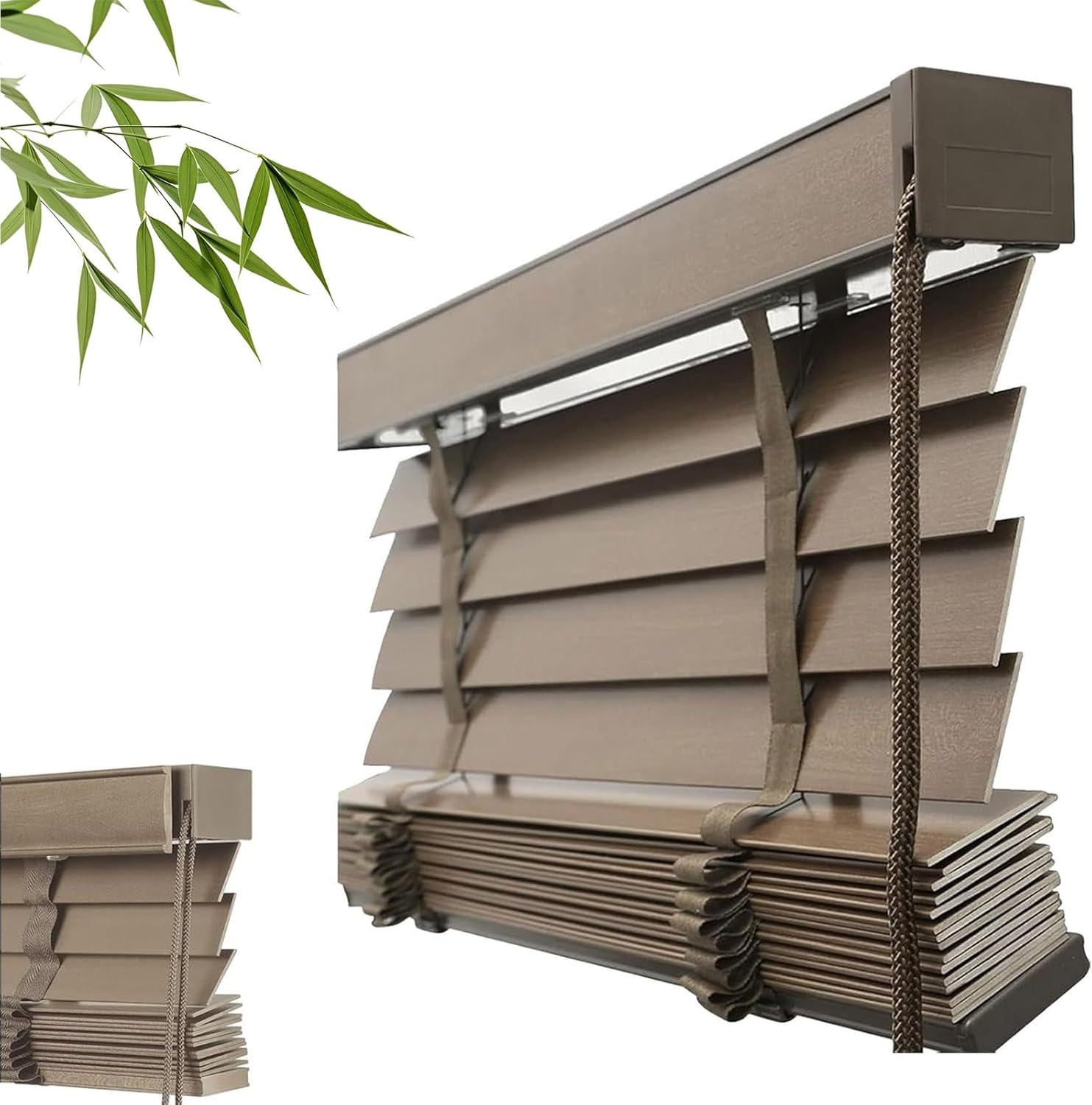 2" Slats Cordless Faux Wood Blinds & Shades, Custom Size W20~75" × H20~100", Blackout Privacy Shades Horizontal Window Blinds for Bedroom Bathroom Living Room(Dark Yellow Brown)