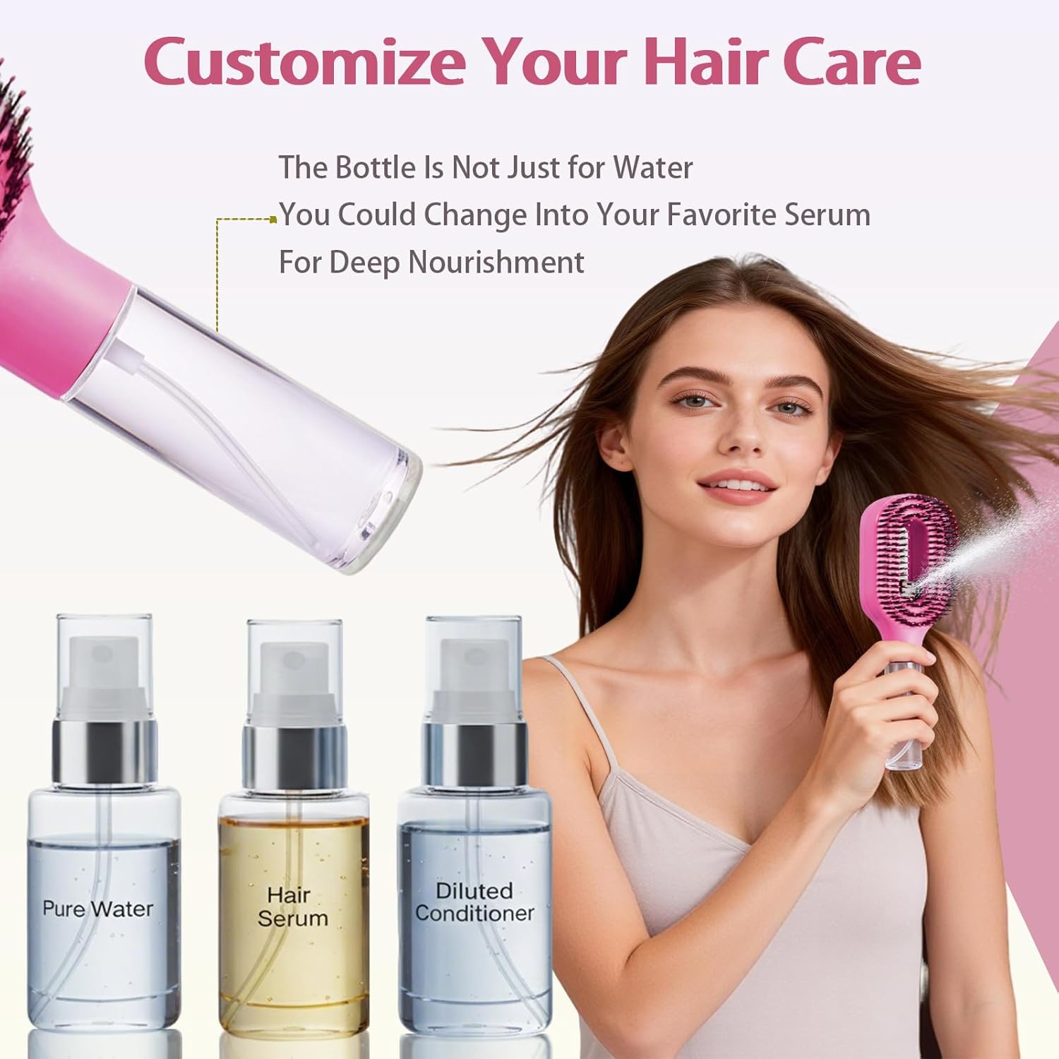 Hair Brush with Water Spray Mister - 2-in-1 Detangling Brush with Built-in Fine Mist, Portable Wet & Dry Styling Tool for Smooth, Frizz-Free Hair - Quick Refresh for Women & Girls(2 Rose Pink)