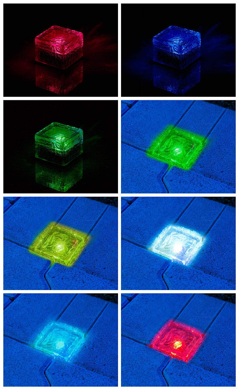 Lunartec Solar Stein: 4er-Set Solar-RGB-LED-Glasbausteine, Dämmerungsssensor, 7 x 5,4 x 7 cm (Solarleuchten Pflastersteine, Bodenleuchte Pflaster, Rasen)