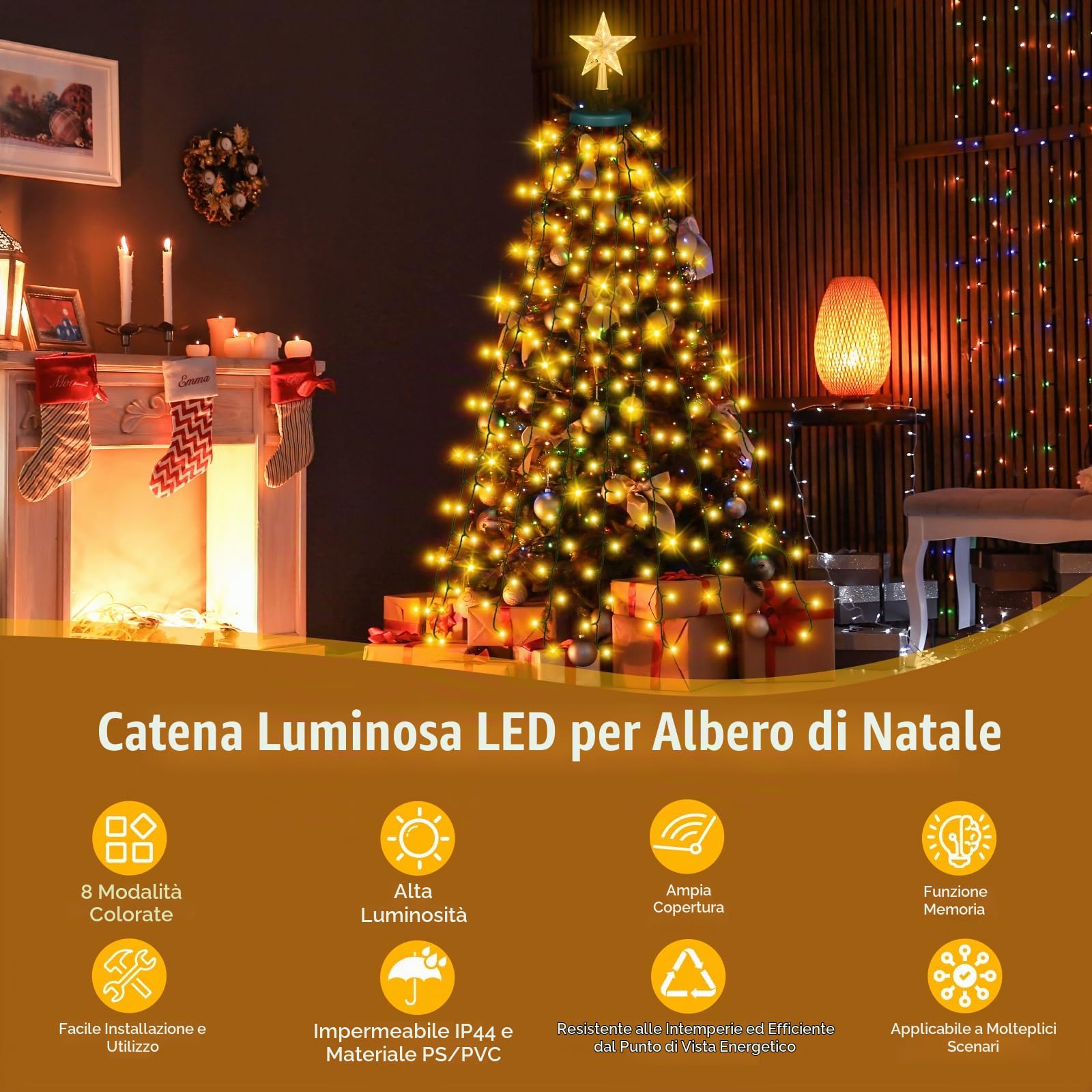 Luci Albero Natale Esterno Cascata, 2Mx16 Fili 420LEDs Luci Albero Natale, 8 Modalità Luci di Natale per Albero con Anello, IP44 Impermeabile per Interni Esterni Giardino (Caldo-Star)