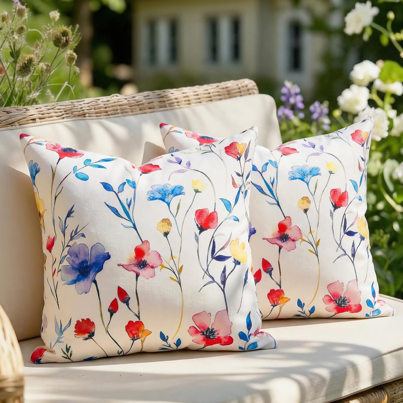 Outdoor Waterproof Cushion Covers 40x40 cm Watercolor Floral Decorative Throw Pillow Covers Boho Style Farmhouse Cushion Case Flowers Decorative Garden Pillowcases for Home Bedroom Sofa Patio