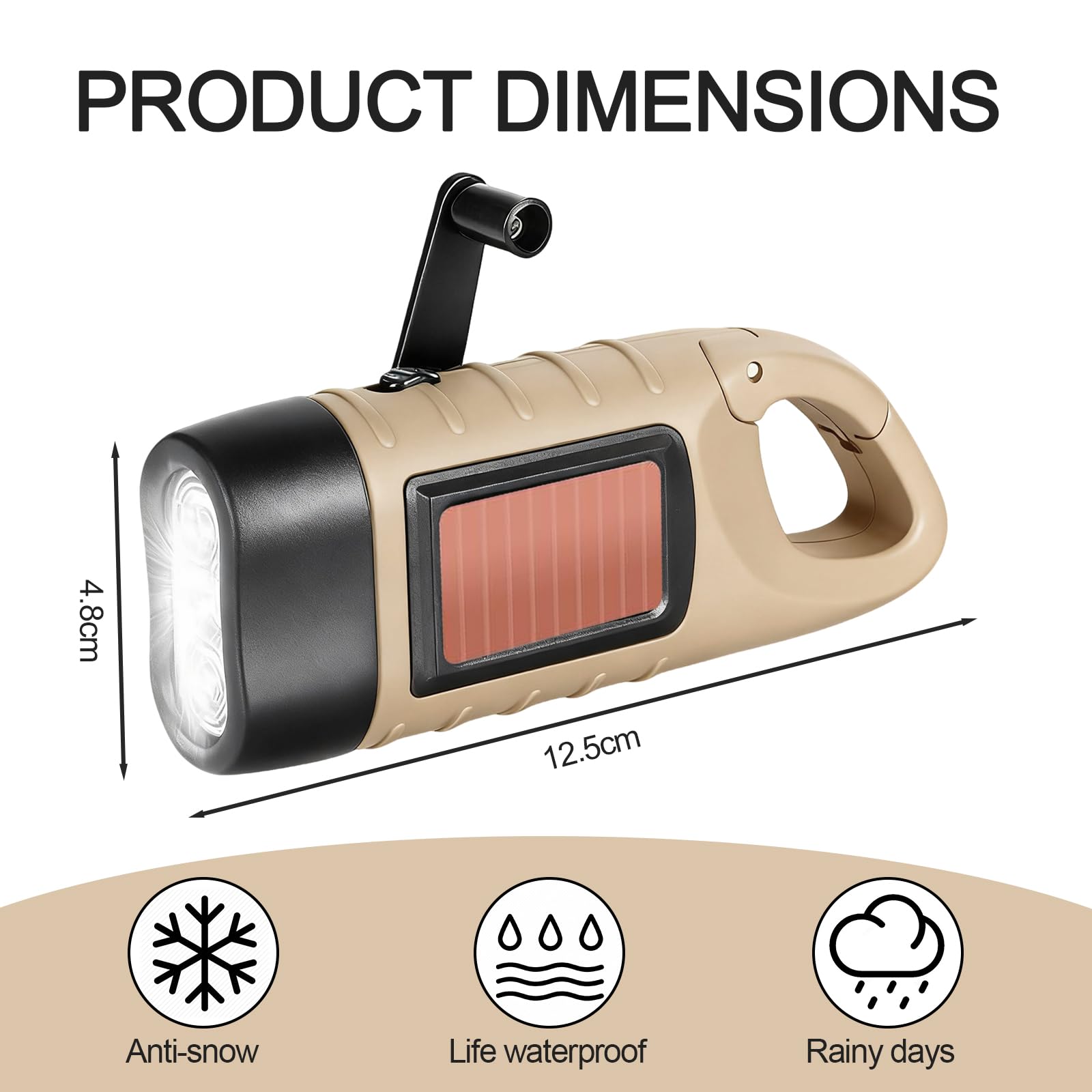 Portatile con Batteria Solare Ricarica Tascabile,Torcia Elettrica LED, Torcia Dinamo Ricaricabile a Manovella, Mini Professionale con Moschettone per Campeggio Trekking Emergenza(Marrone)