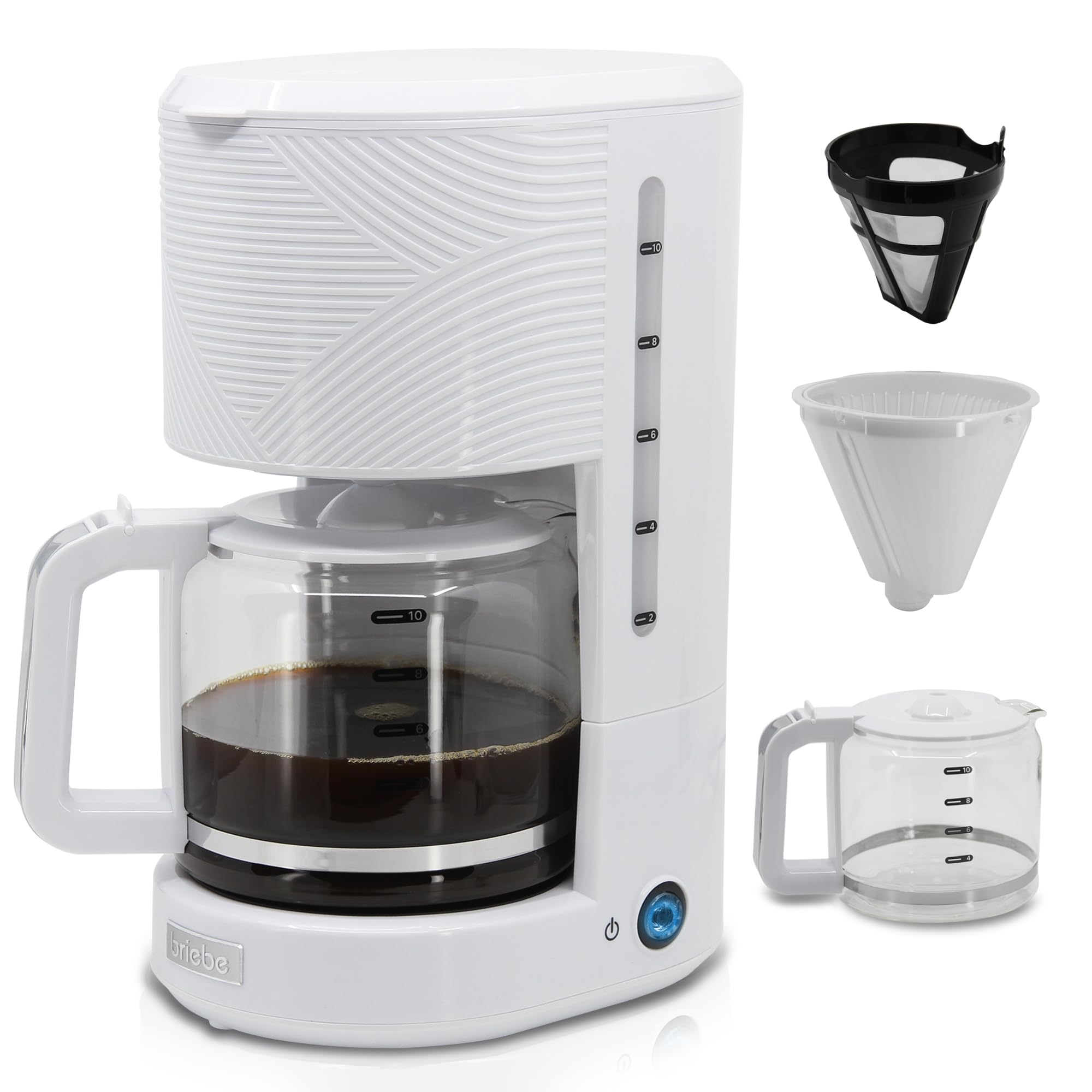 briebe Elegance Cafetera Goteo 10 Tazas Máquina de Café Filtro Permanente Reutilizable, Función Mantener Caliente, Sistema Antigoteo 1,25L, Blanco