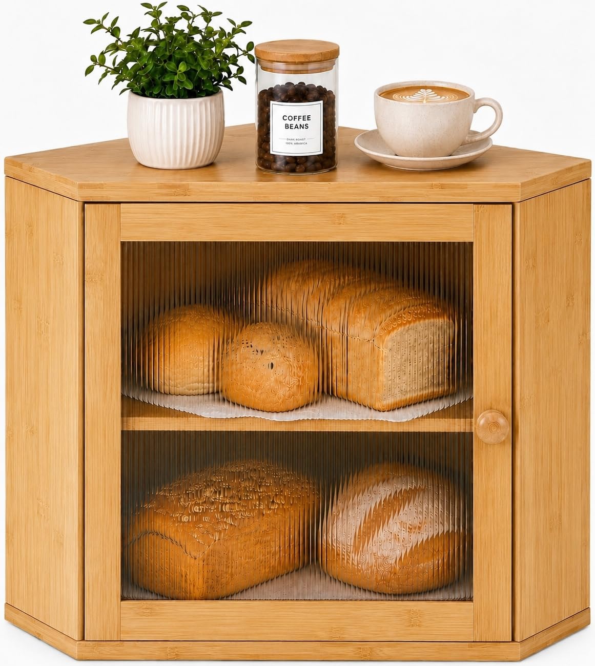 BAMBANG Corner Bread Bin for Kitchen Countertop 2 Tier Wooden Bread Storage Container with Fluted Acrylic Door, Large Capacity Farmhouse Bread Storage Box for Loaves and Snacks, Natural