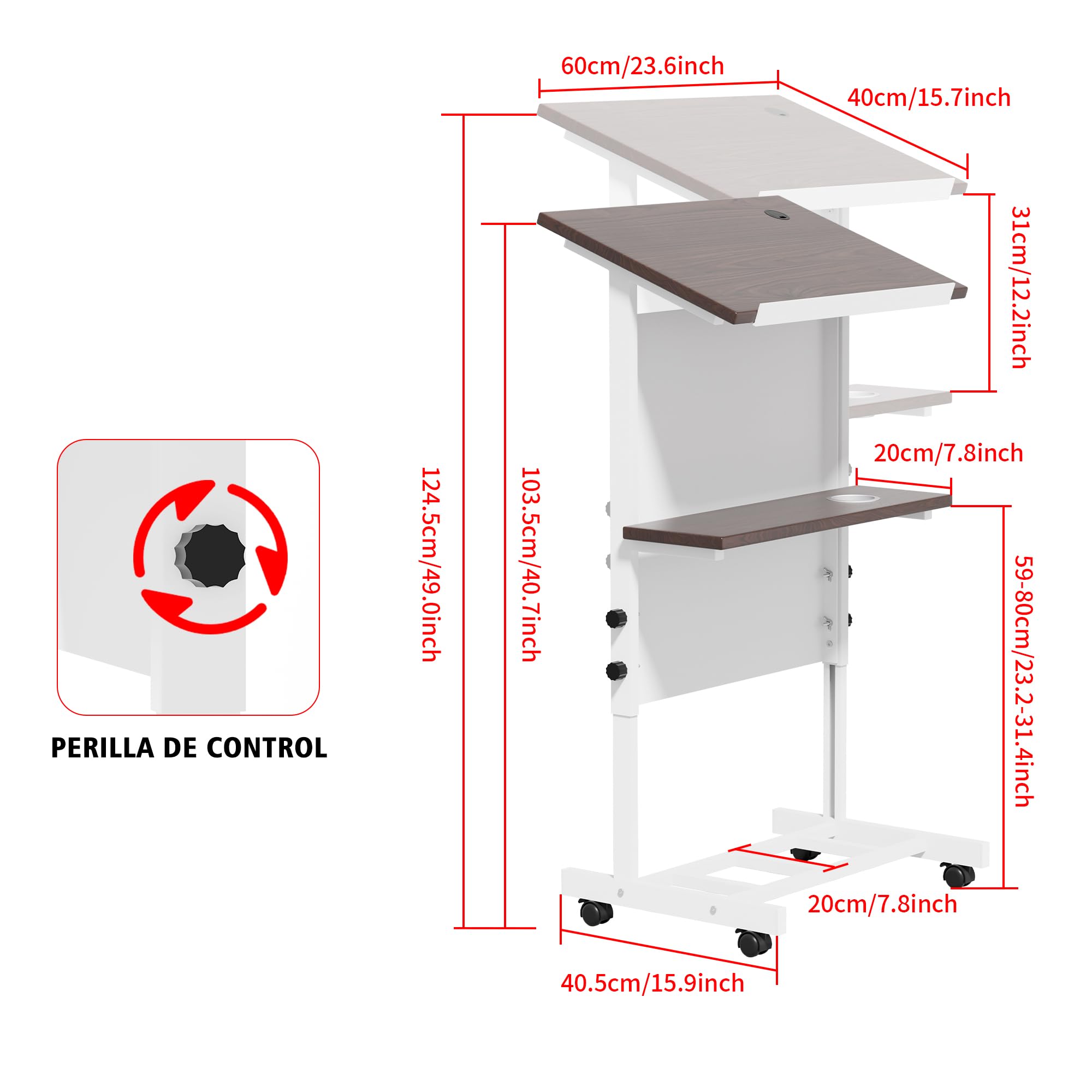 Escritorio de pie con Ruedas, Atril portátil móvil, Atril con Ruedas de Altura Ajustable con Estante y portavasos para presentaciones y Uso de portátiles.