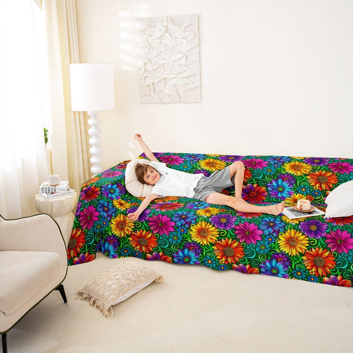 Erosebridal Baroque Exotic Ombre Teal Blue Paisley Boho Couch Cover 91" x 150"| Bohemian Flowers Sofa Cover Floral Ethnic Couch Protector Victorian Washable Sofa Slipcover