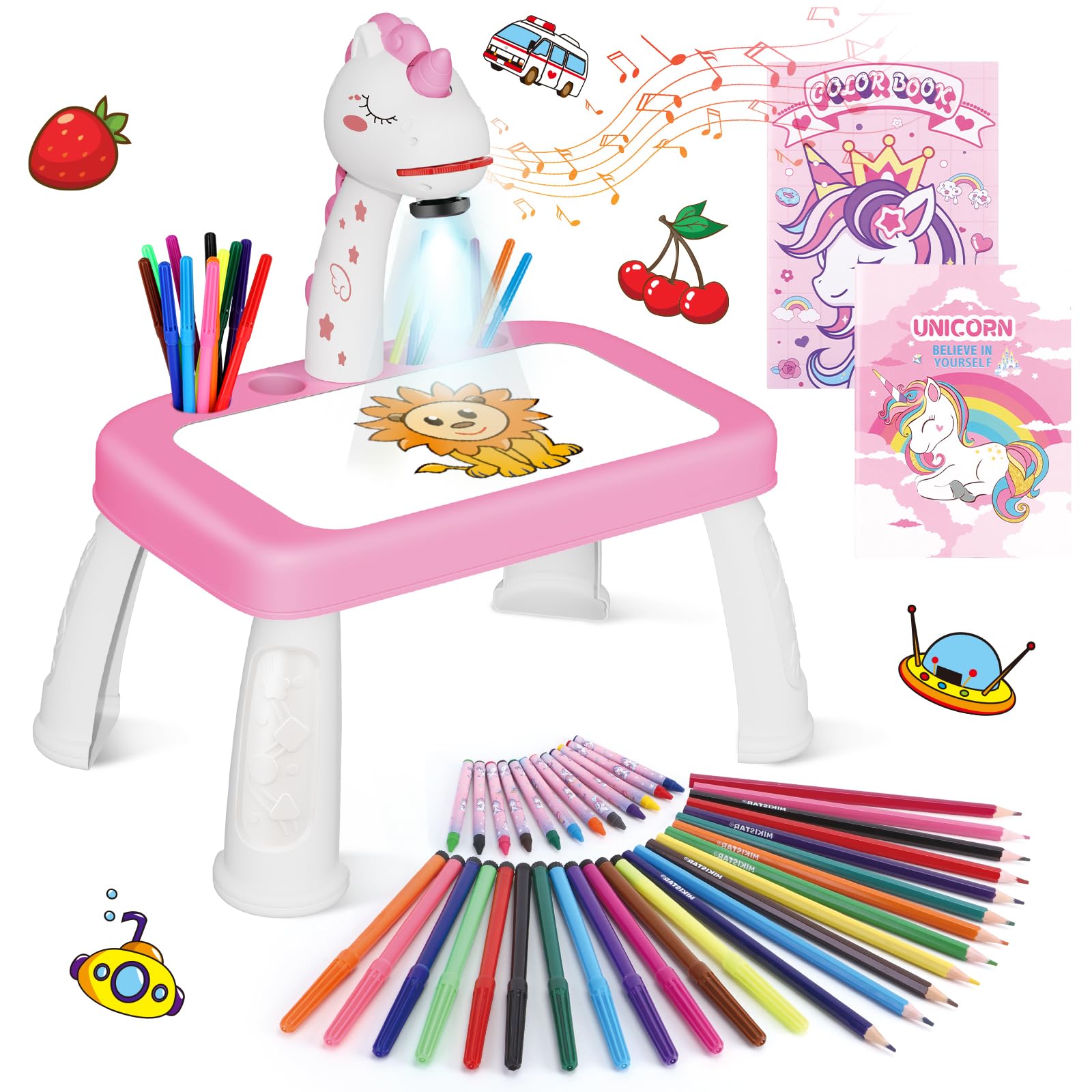Drawing Projector for Kids with Art Supplies - Includes Drawing Board, Crayons & Coloring Book - Unicorns-Themed Art & Craft Toy for Girls Ages 3-5 Year Old
