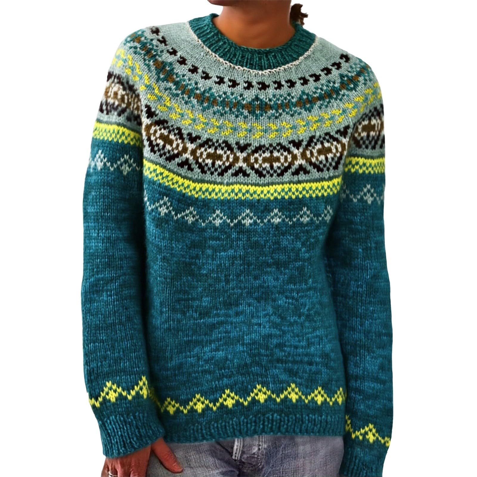 GOKKILRW Fair Isle Sweaters Women Petite Long Sleeve Crew Neck Retro Country Pullover Sweater Fall Spring Boho Knit