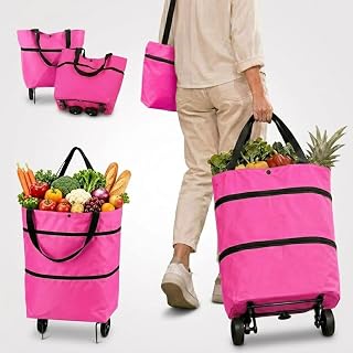 2-in-1 Foldable Shopping Bag with Wheels, 2026 New Foldable Shopping Carts for Groceries, Waterproof Rolling Grocery Tote with Sturdy Handle for Market, Shopping, Travel & Daily Use (Hot Pink)
