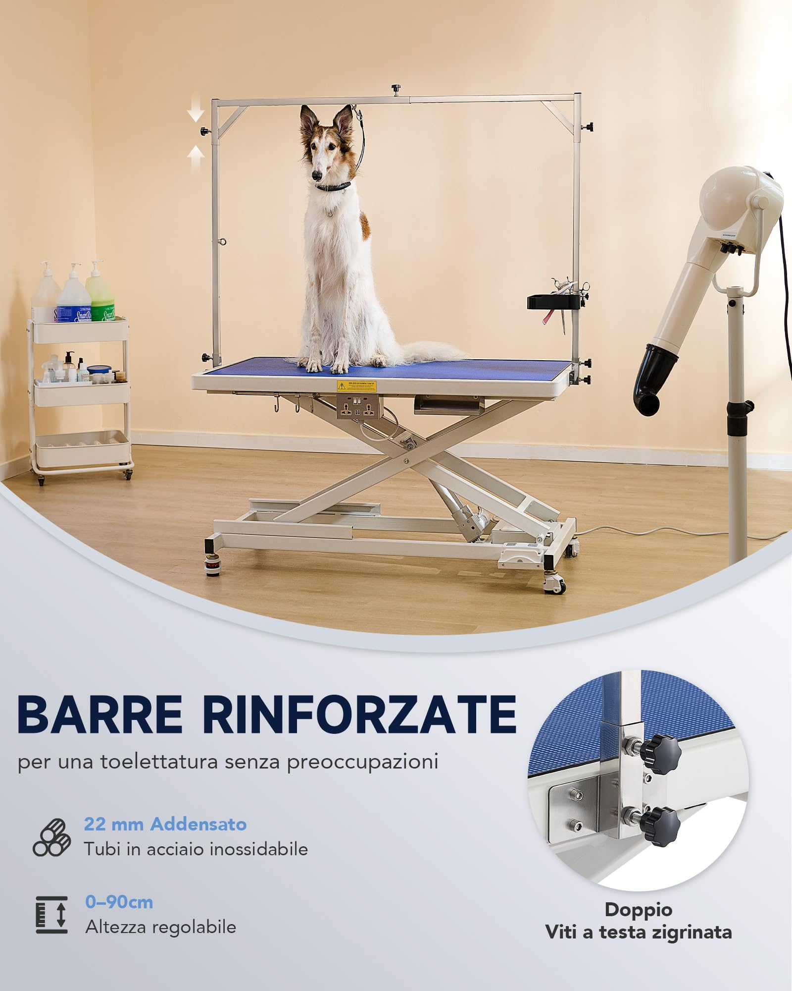 CO-Z Tavolo Elettrico da Toelettatura per Cani 120cm Tavolo da Toelettatura per Animali Pesante con Ruote Regolabili in Altezza 4 Cinghie per Toelettatura degli Animali capacità 110 kg 120cm, Bianco