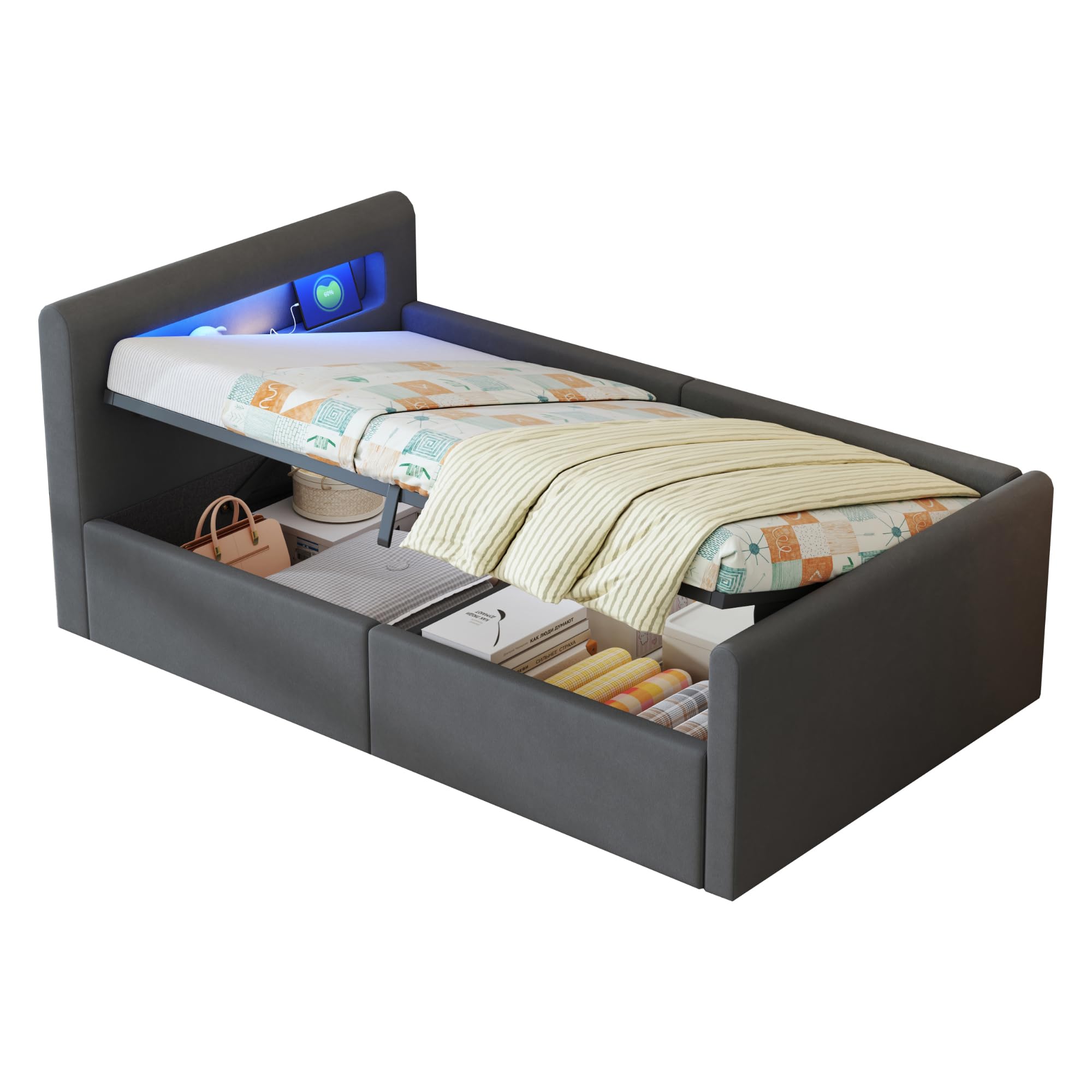 okwish Kinderbett 90x200 Polsterbett mit LED, USB & Bettkasten, Dunkelgrau | Bett 90x200 mit Bettgestell & Lattenrost, aus Samt, ohne Matratze, für Einzelbett, Jugendbett & Stauraumbett