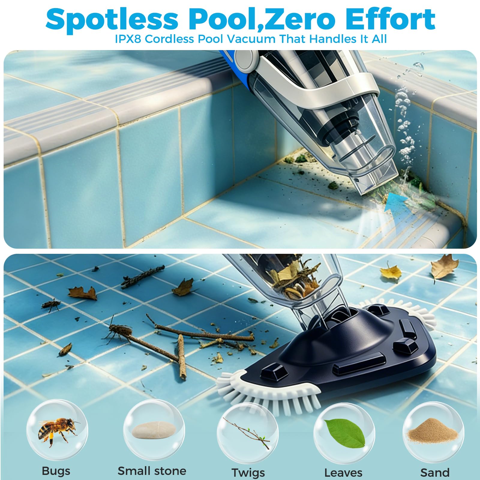 Aspirador de piscina inalámbrico escoba para aspirador piscina, 120 l/min, limpiador eléctrico recargable con mango telescópico para limpieza de caminos, spa y piscinas fuera del suelo