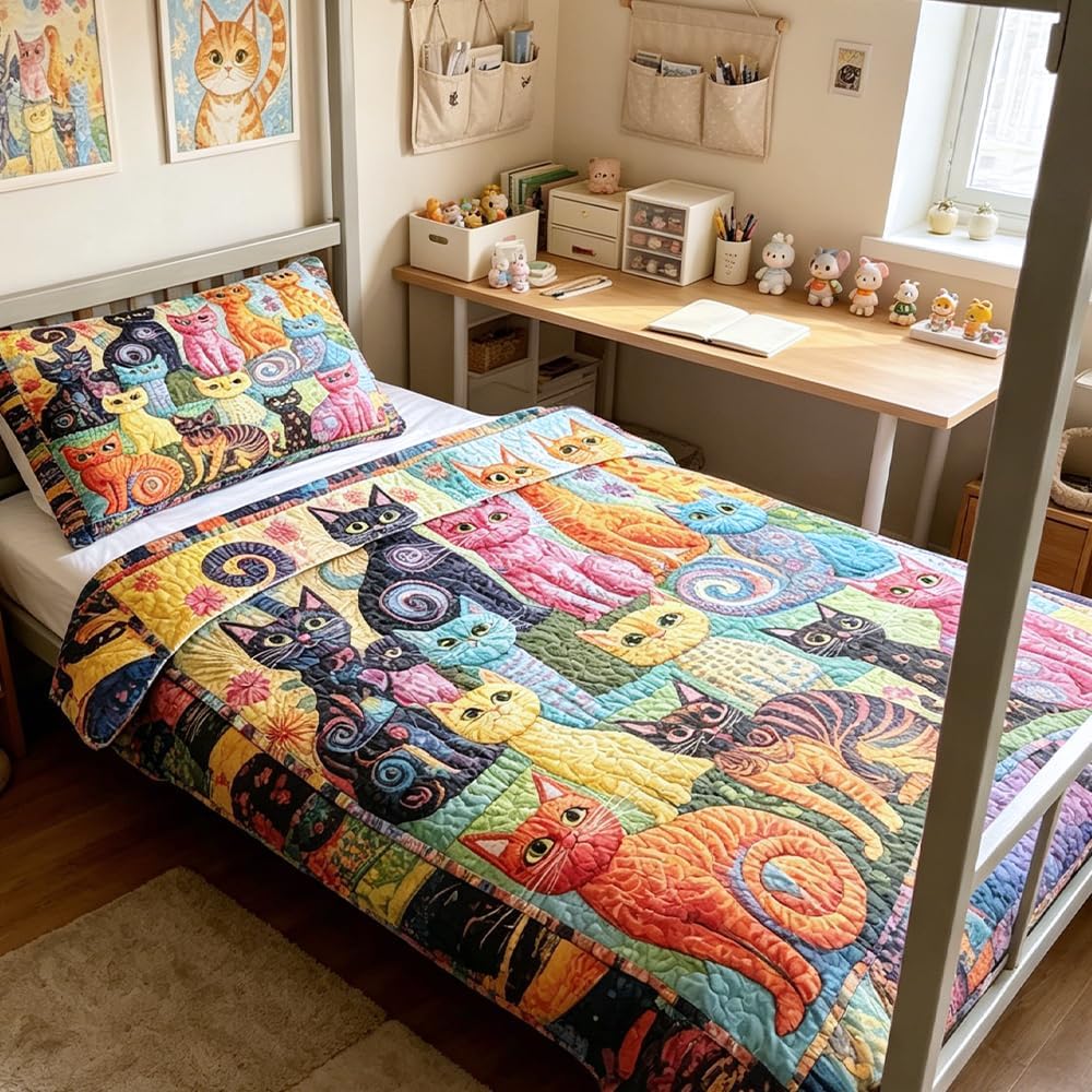 BlessLiving Cat Quilt Set Full/Queen Size, Colorful Multi Cat Bedding with 2 Pillowcasess, Vibrant Artistic Bedspread, Microfiber Lightweight Kitten Coverlet for Kids Room Dorm Cat Lover Decor