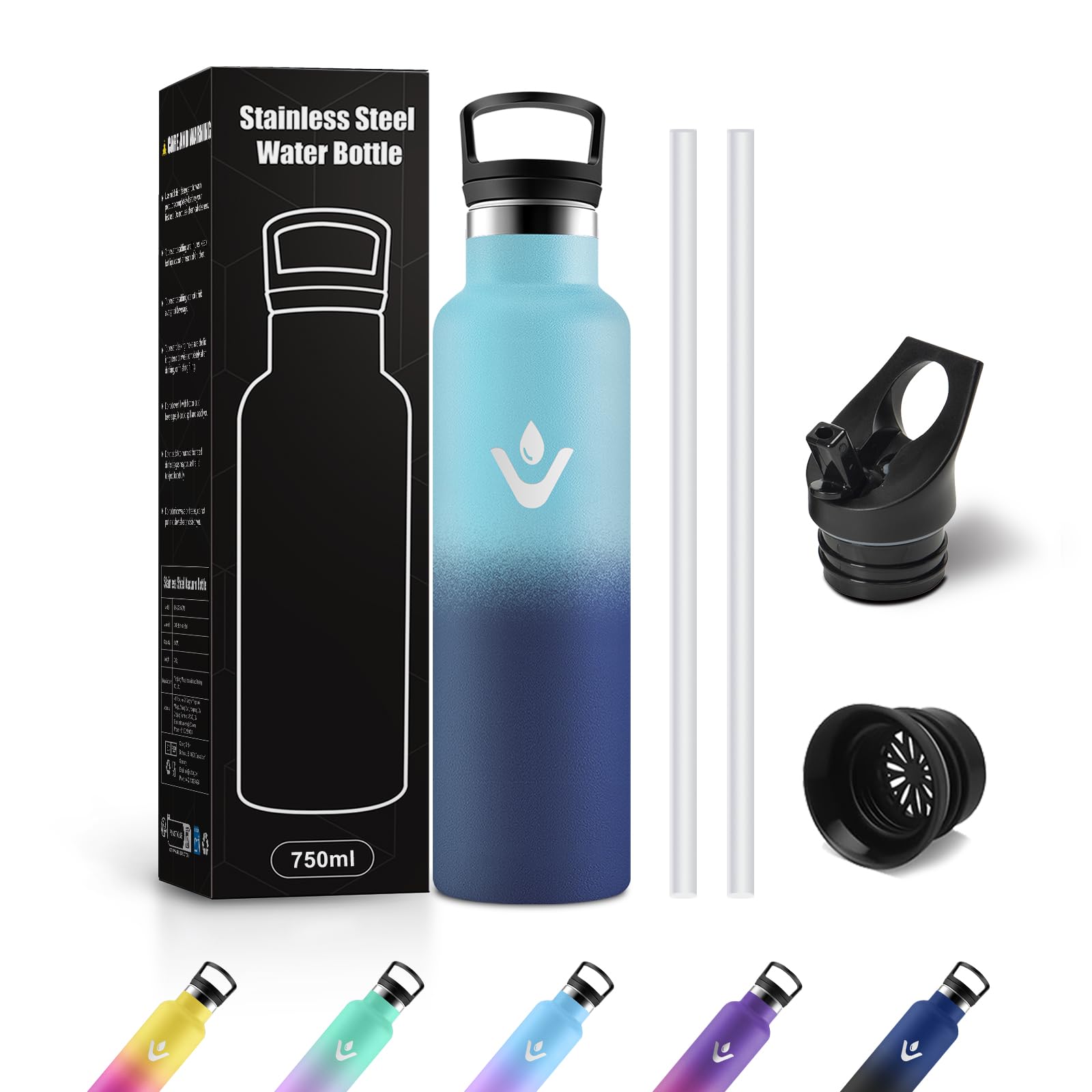 JAPORIA Borraccia Acciaio Inox 750ml, Termos con Cannuccia, a prova di perdite, Riutilizzabile, senza BPA, per Viaggio, Campeggio, Gimnasio