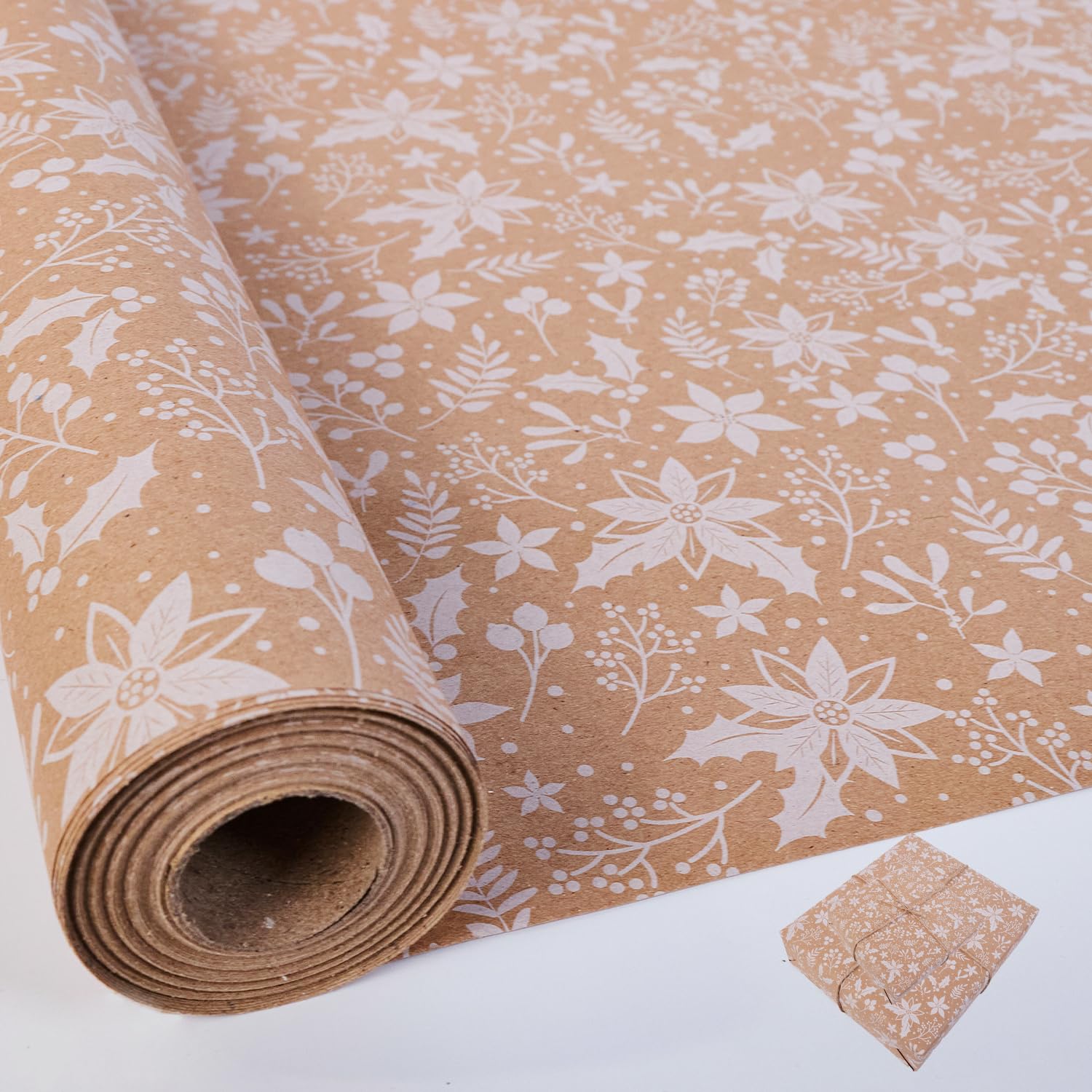 Christmas Wrapping Paper Roll,43cm x 10m Kraft Christmas Wrapping Paper,Brown Gift Wrap paper for Xmas Gift Wrap,New Year,Birthday,Holiday (white leaves)
