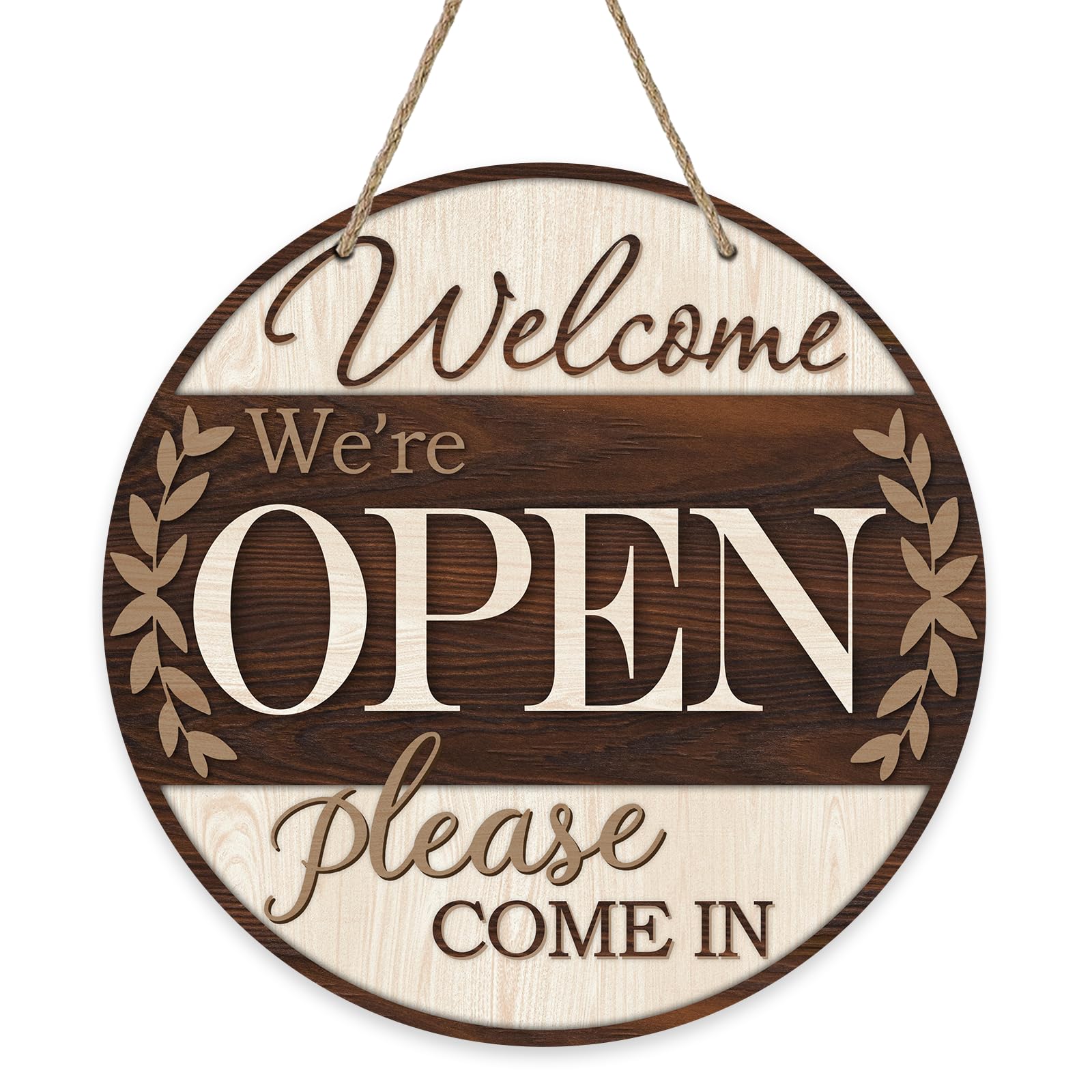 Welcome We're Open Please Come in Business Front Door Sign, Farmhouse Store Open Closed Wood Door Hanger Porch Home Decor, Rustic Wooden Wreath Indoor Office Wall Hanging Decoration-picture-11