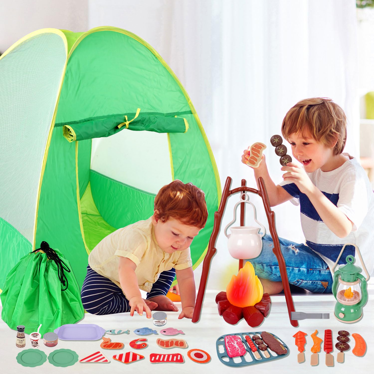 Juego de campamento para niños con tienda de campaña de juegos, fogata, linterna, juego de campamento para interiores y exteriores con tienda de campaña desplegable, juego de juguetes de 2