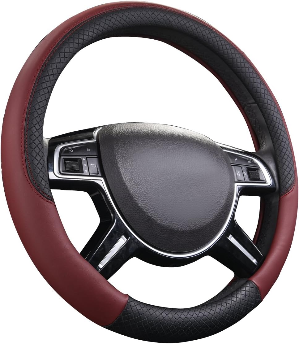 CAR PASS Steering Cover Hand Cover Leather Wine Red Womens Universal Fit For SUV, Truck, Sedan, Car