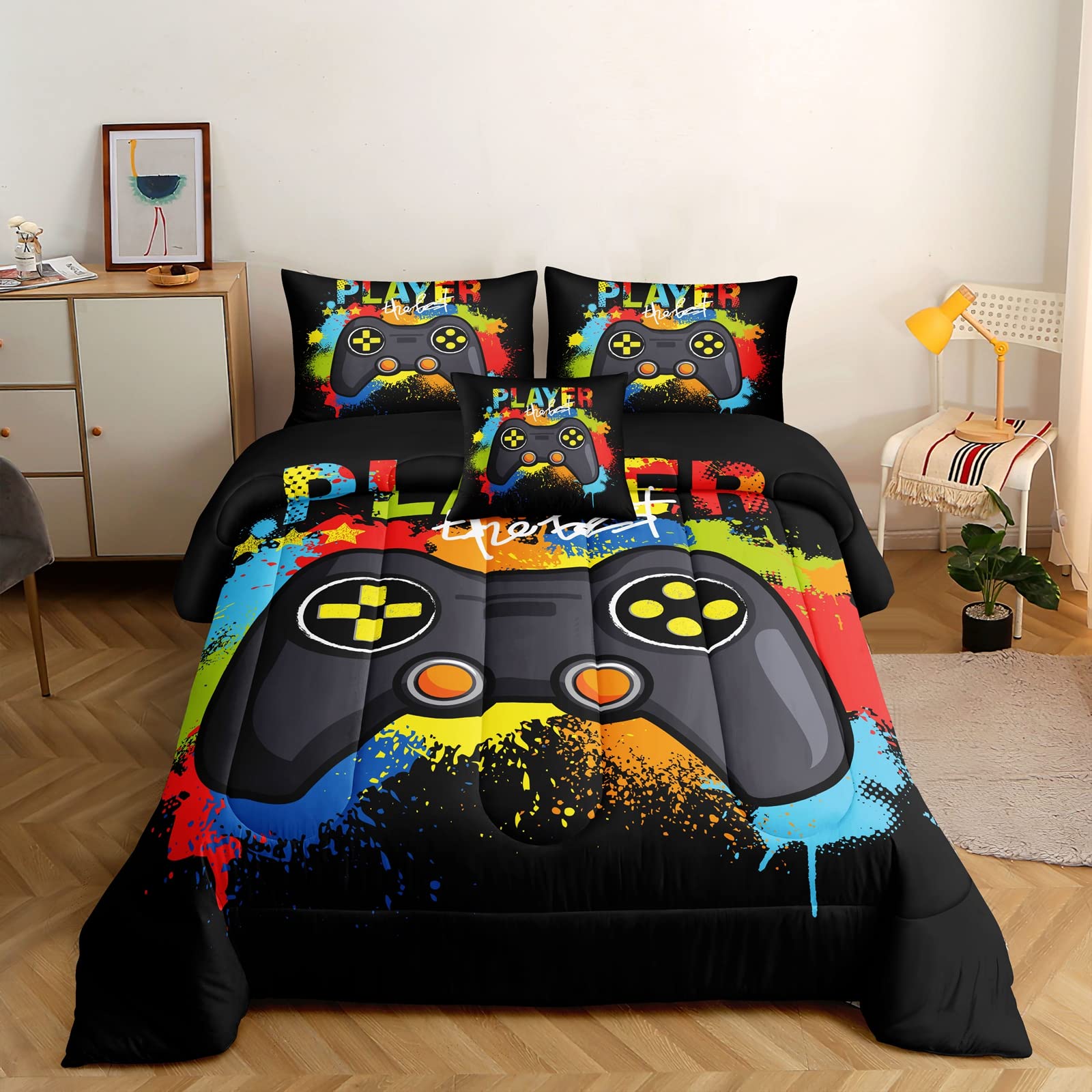 ROWADALO 6 Pieces Gaming Bedding Set for Boys Gamer Comforter Set Queen Size,Game Controller Comforter for Boys Kids 6 Pieces Bed in A Bag 3D Gamepad