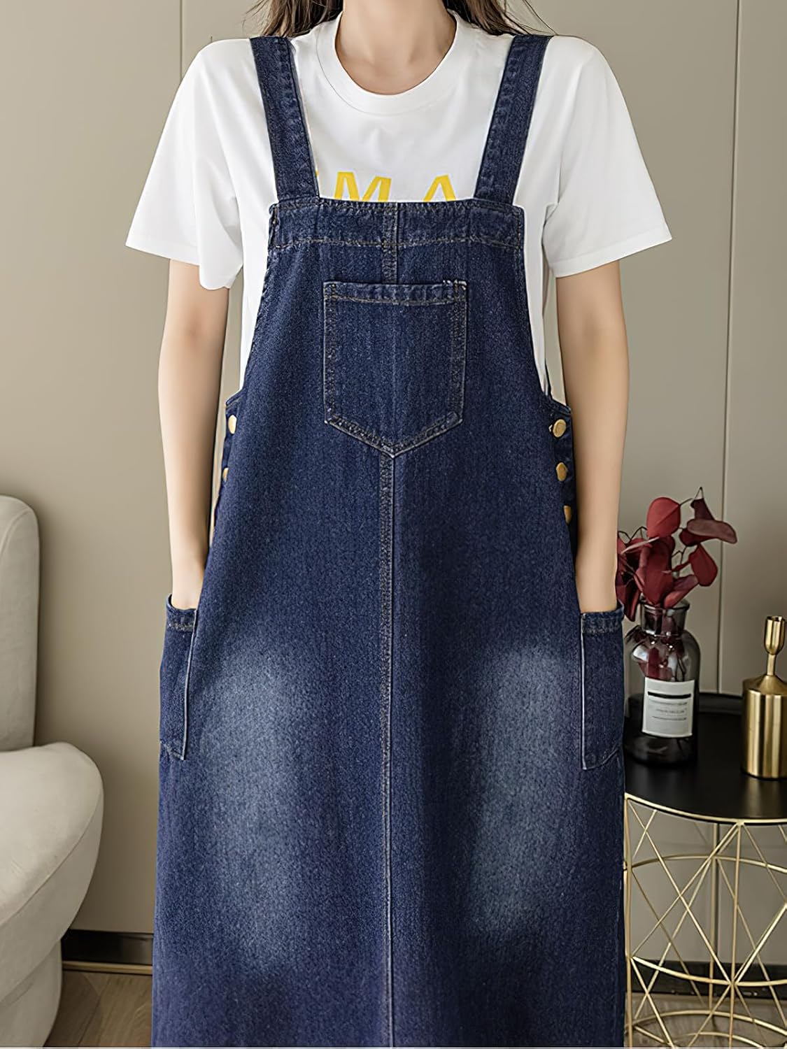 ebossy Women's Patchwork Denim Bib Overall Casual Button Jean Maxi Long Pinafore Dress With Pocket - Image 4