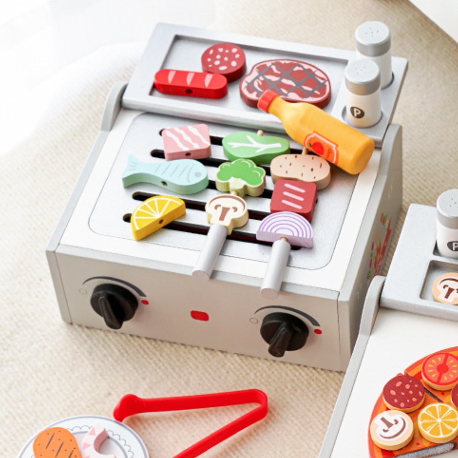 Kinder Spielofen Holz Grillofen Küche Rollenspiel Set Backofen Kochherd Lernspielzeug Förderung Organisieren Stabil Langlebig für Vorschule Kindergarten Zuhause Geschenk