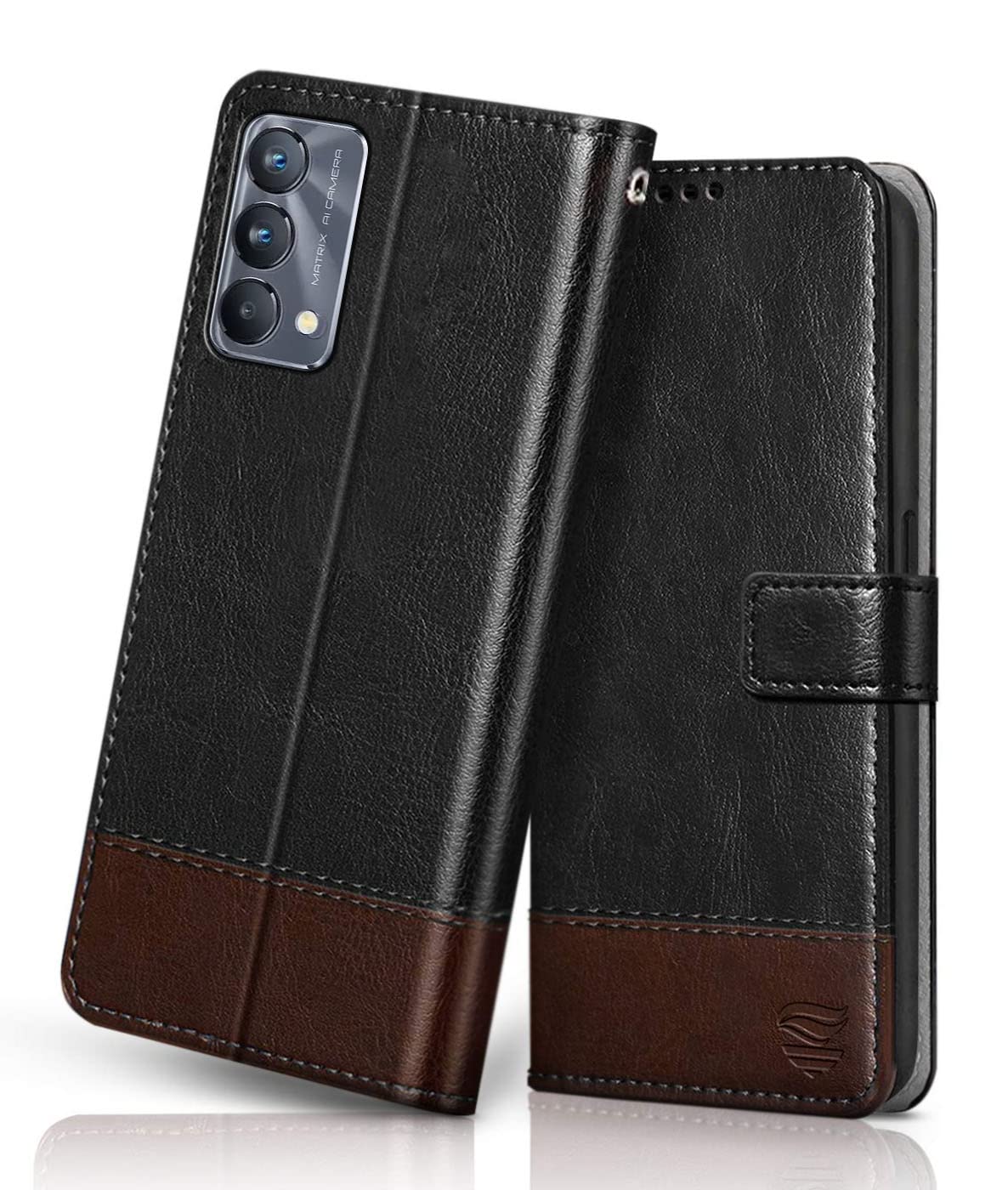 FLIPPED Vegan Leather Flip Case Back Cover for Realme GT Master Edition (Flexible, Shock Proof | Hand Stitched Leather Finish | Card Pockets Wallet & Stand | Black with Brown)