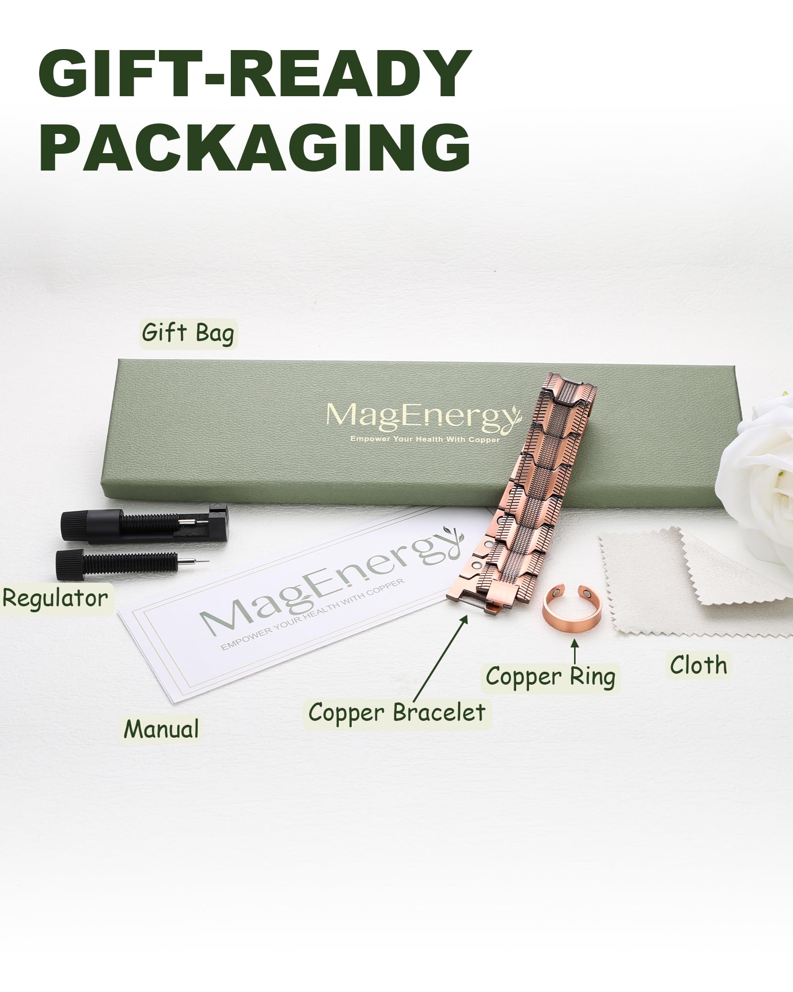 MagEnergy - Pulsera de cobre para hombre, pulsera magnética de cobre puro al 99,9%, pulsera ajustable con herramienta de extracción de eslabones (kit Copper 031)