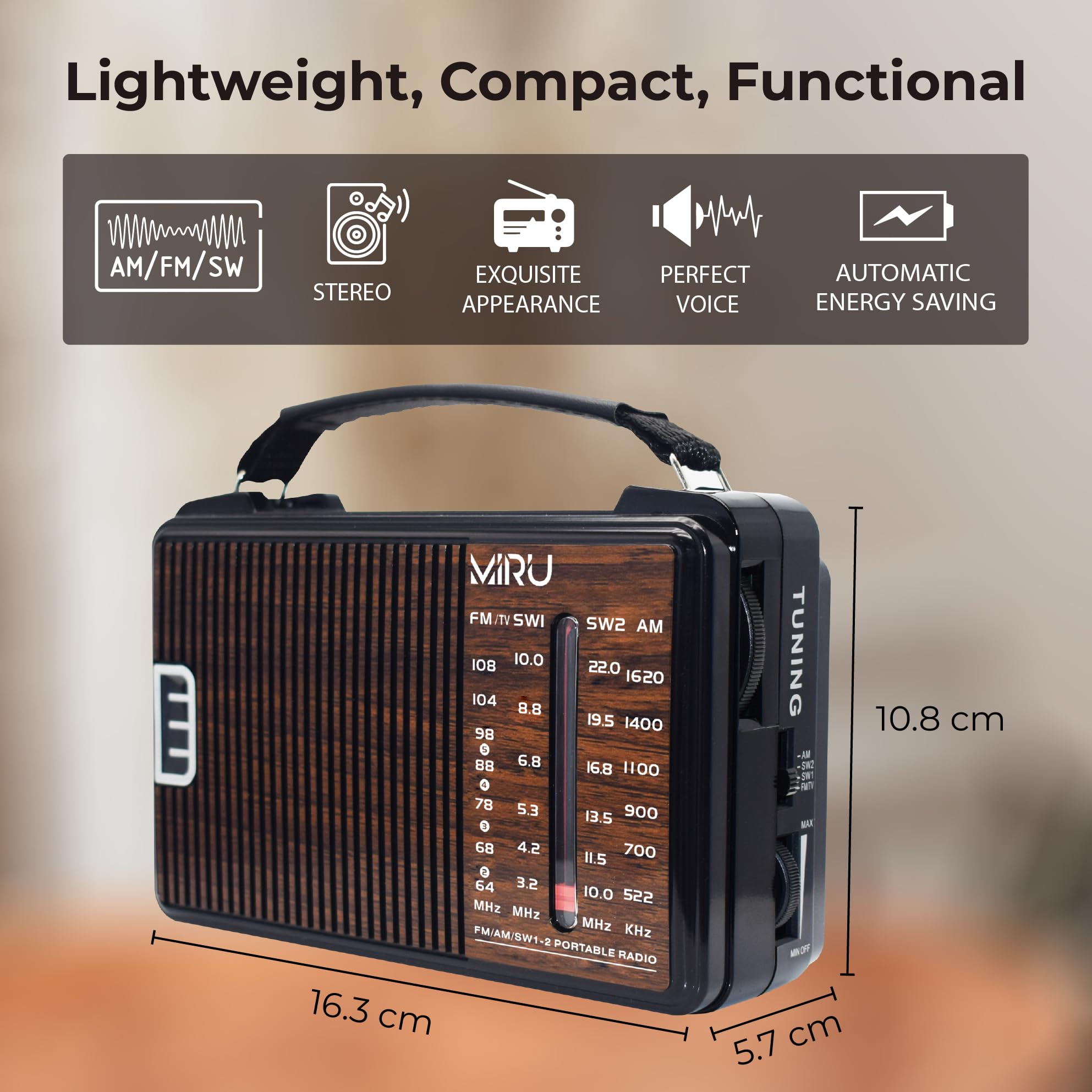 MIRU Radio Portatile AM/FM/SW SR-1021 con USB, Antenna Telescopica, 220V, Nero Legno
