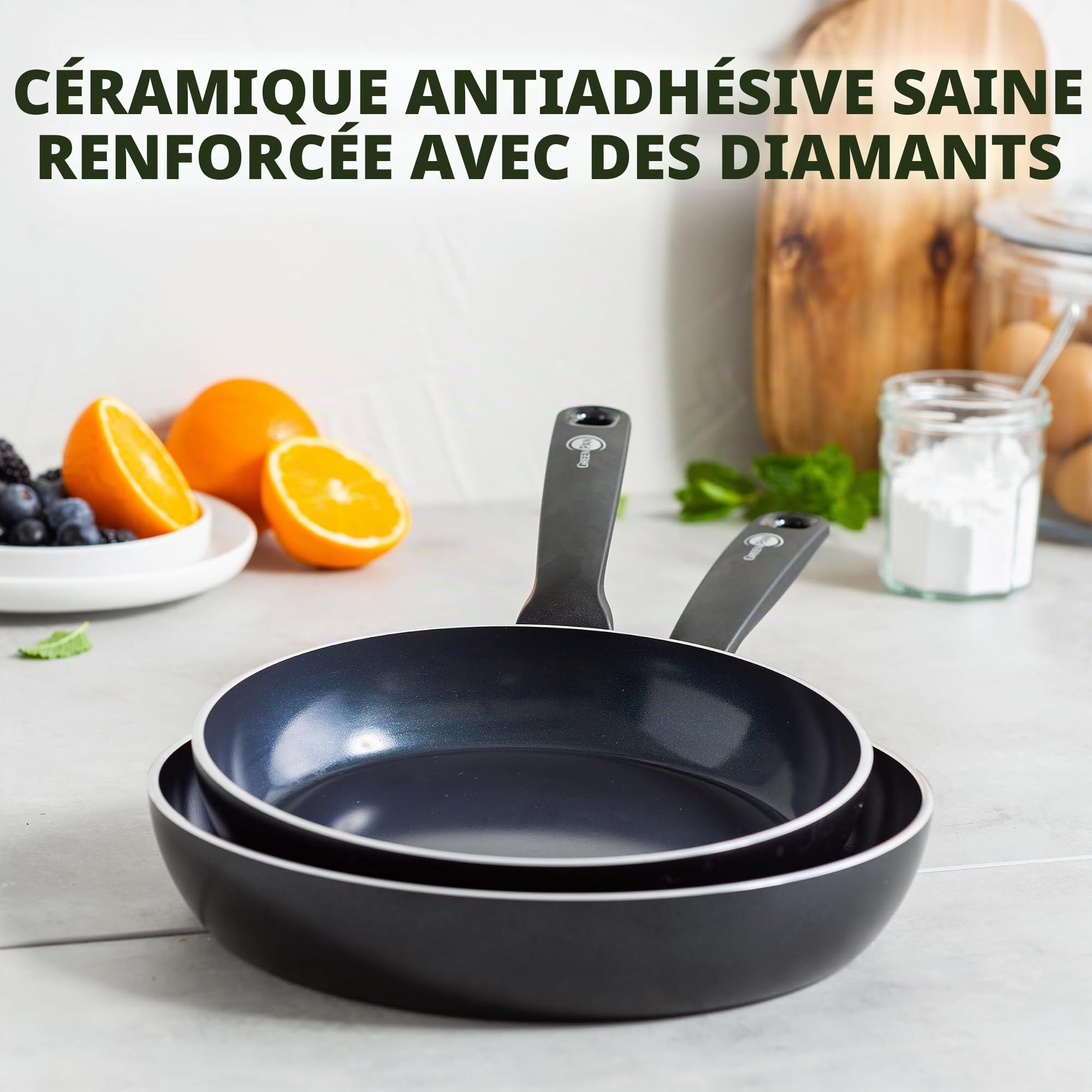 GreenPan Torino Set de Poêles à Frire Antiadhésive 3 pièces en Céramique Saine, 20 cm, 24 cm & 28 cm, Sans PFAS, Induction, Va au four jusqu'à 160°C, Lavable au lave-vaisselle, Noir