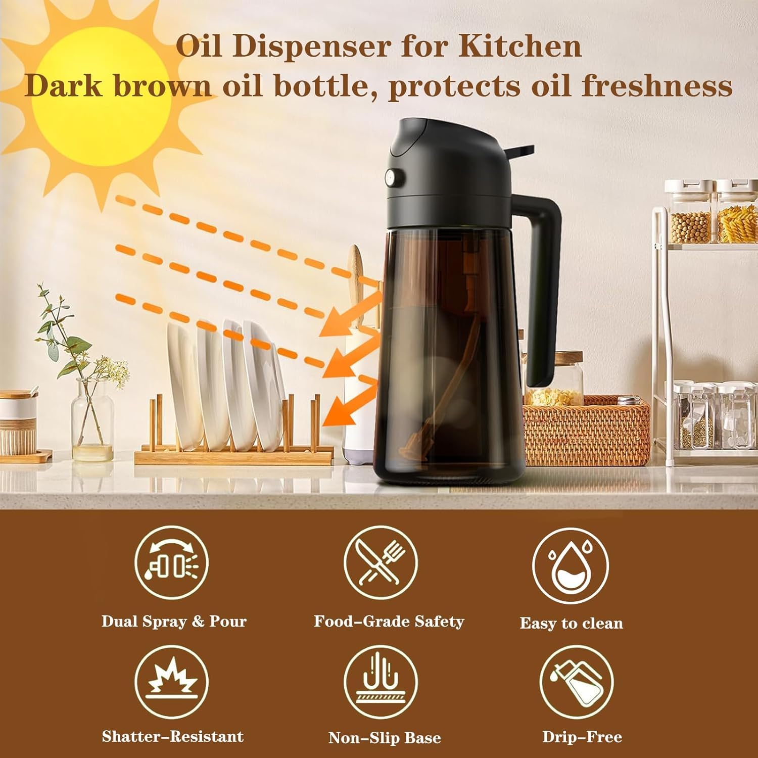 OURCABECUE Pulverizador de aceite para cocinar, botella dispensadora de aceite de oliva de 16 onzas para utensilios de cocina