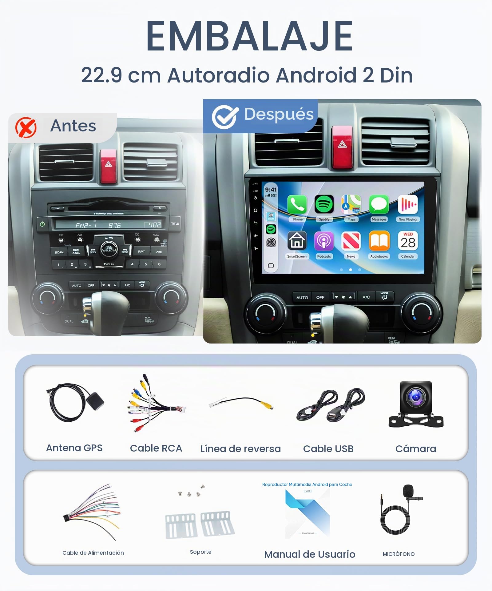 [6G+128G 8 Core] Rimoody Android Radio de Coche 2 DIN, 9 Pulgadas Pantalla Táctil Radio 2 DIN con Carplay Android Auto Inalámbrico Mirror Link Bluetooth FM/RDS/EQ/DSP WiFi GPS Cámara Trasera