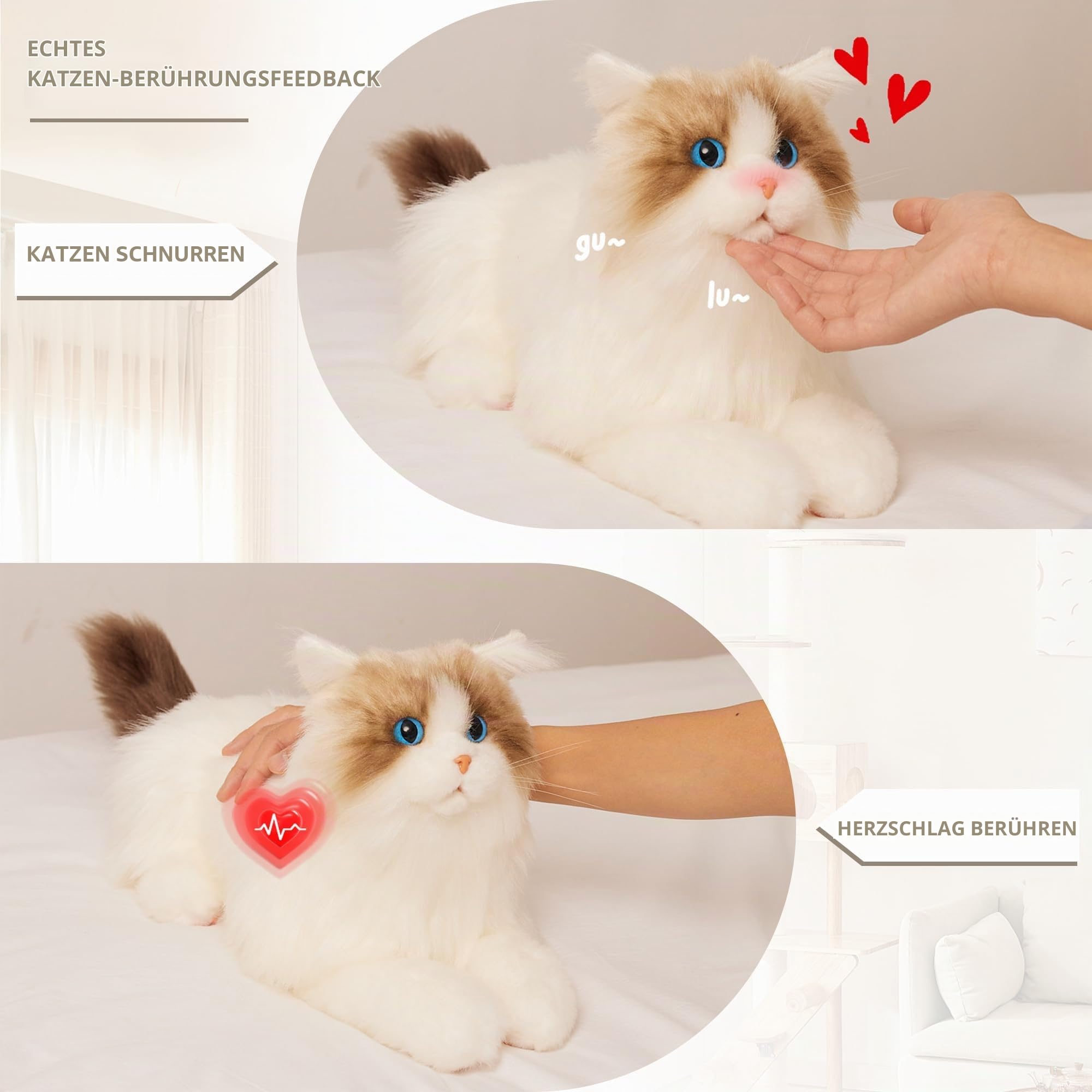 Chongker Interaktive Ragdoll Katze, Realistische Plüschkatze mit Miauen, Schnurren und Herzschlag, Beweglichem Kopf und Schwanz, Ideale Haustieralternative