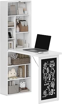 HOMCOM Fold-Out Convertible Writing Table, Wall Mount Desk Cabinet with Blackboard and Side Shelf Multi-Function Home Office Workstation, White