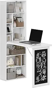 HOMCOM Fold-Out Convertible Writing Table, Wall Mount Desk Cabinet with Blackboard and Side Shelf Multi-Function Home Office Workstation, White