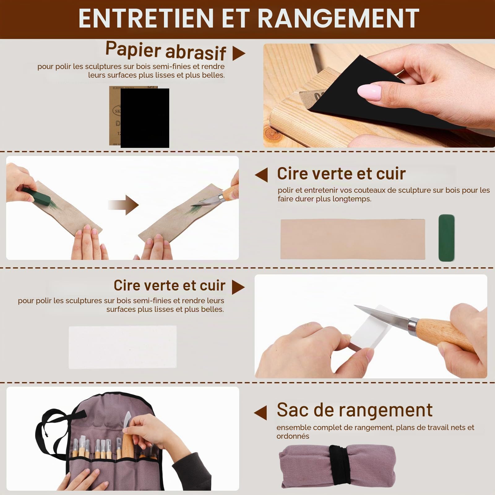 Kit Sculpture Bois 28 en 1, Outils de Sculpture avec Couteaux de Sculpture, Ciseaux à Bois, Gants Résistants aux Coupures, Sac de Transport, Outils de Sculpture pour Adultes, Enfants, Débutants