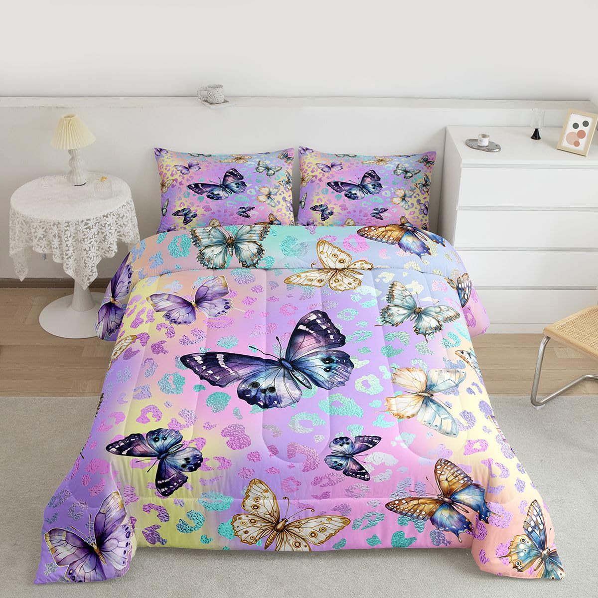 Feelyou Colorful Butterfly Comforter Set King Rainbow Watercolor Printed Quilt Bedding for Girls Kids Bedroom Tie Dye Leopard Cheetah Teen Bed 1 and 2 Pillowcases