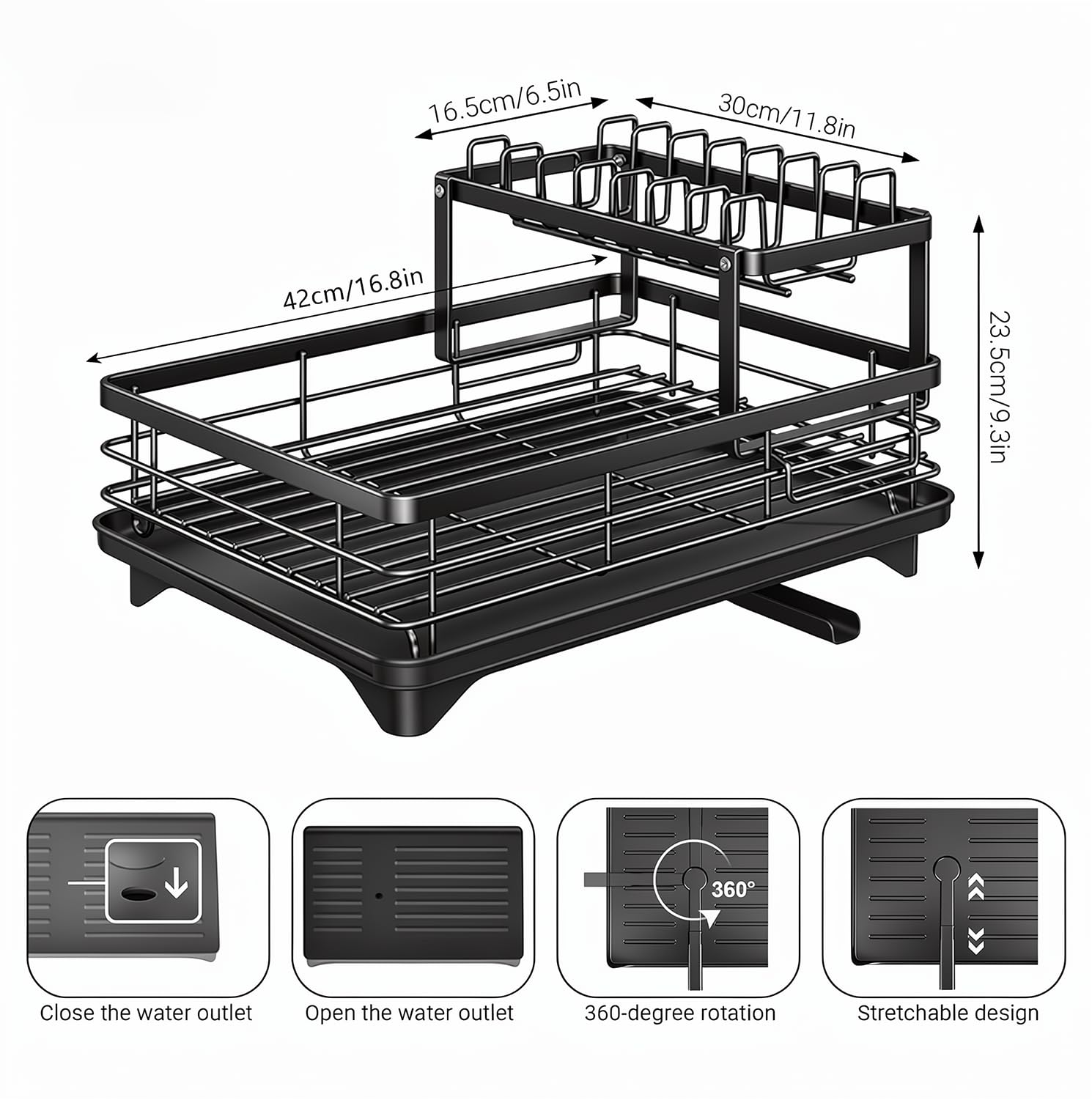 Black Stainless Steel Dish Drainer with Utensil Holder | Built-in Drain, Kitchen Use, Matt Black Design, Utensils Storage, Stainless Steel