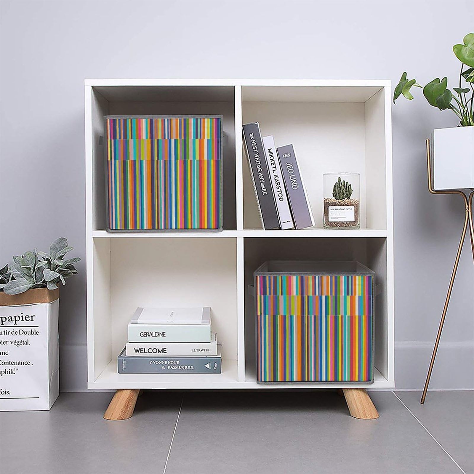 Cubos de almacenamiento de rayas plegables y decorativas de tela para organizar organizadores del hogar con asas, cestas de almacenamiento de tela grandes para estantes para ropa, libros