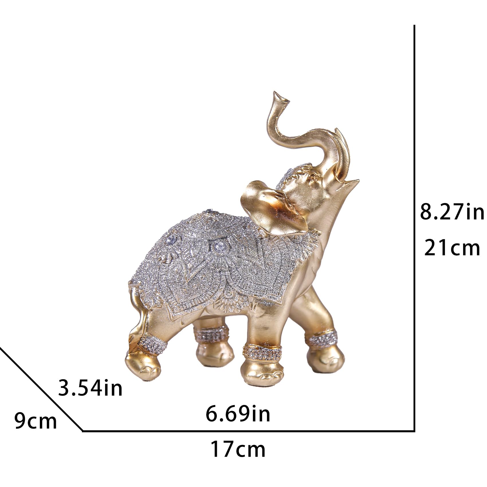 Juego de figuras decorativas de elefante, oro y plata, 21 cm de altura, diseño de mandala con purpurina