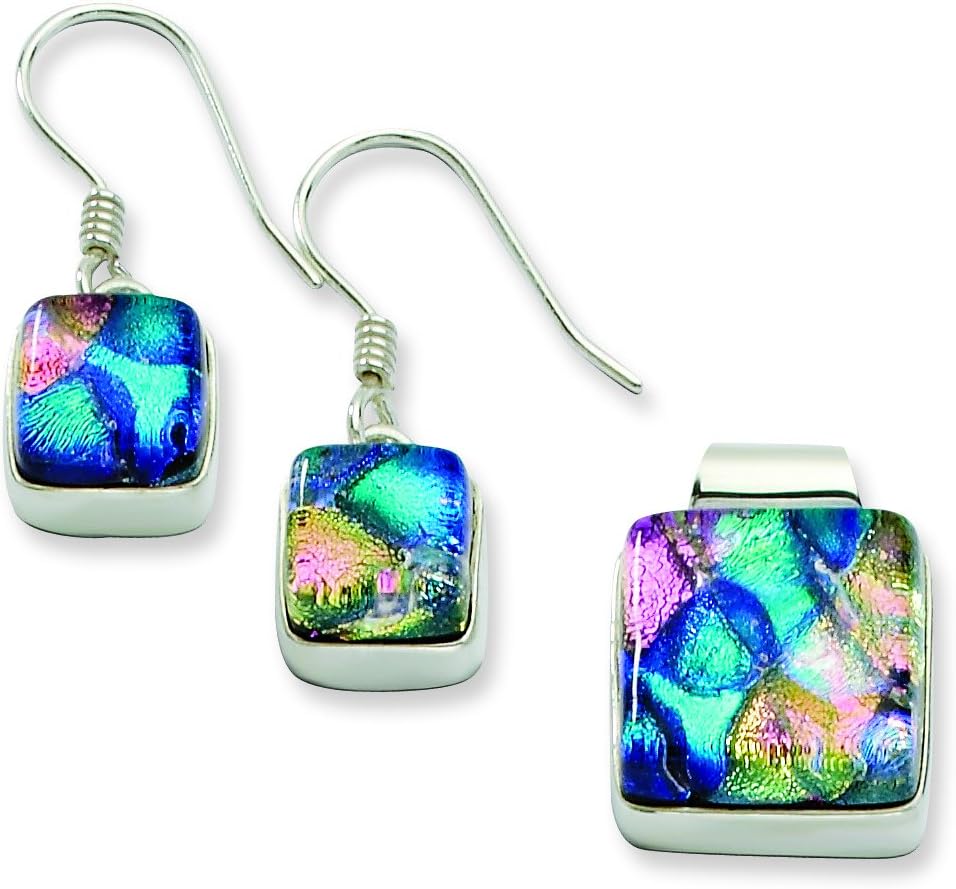 Sterling Silver Pink & Blue Dichroic Glass Square Earrings & Pendant Set
