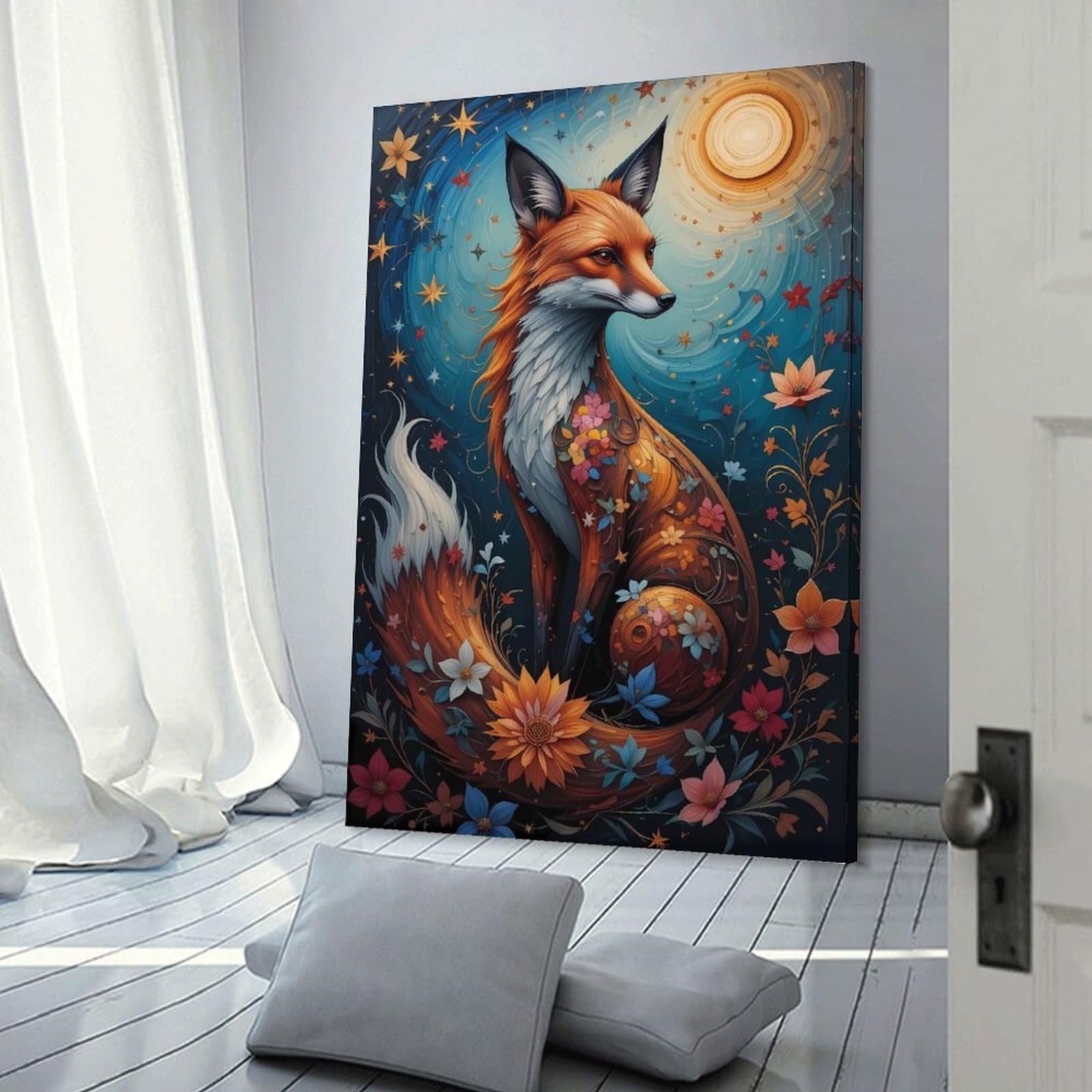 Junmoney Enchanted Fox with Floral Accents Canvas Art Print, 12x18inch(30x45cm), for Bedroom Decor, Cosy Corners Or Studios, A Warm Accent for Relaxed Interiors