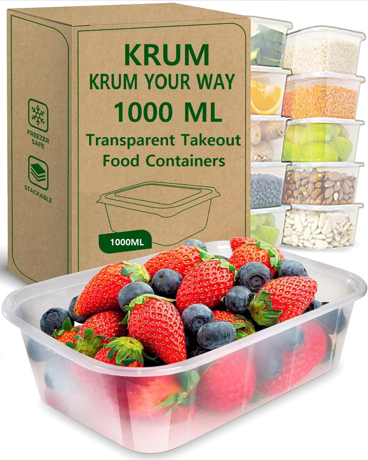 KRUM Transparent Rectangle Takeout Food Containers Food Storage Containers With Lids Freezer Safe | Meal Prep | Microwavable Dishwasher | Leakproof | BPA Free (1000ml Pack of 20) (B0DBFY6G2C) Amazon Price History, Amazon Price Tracker